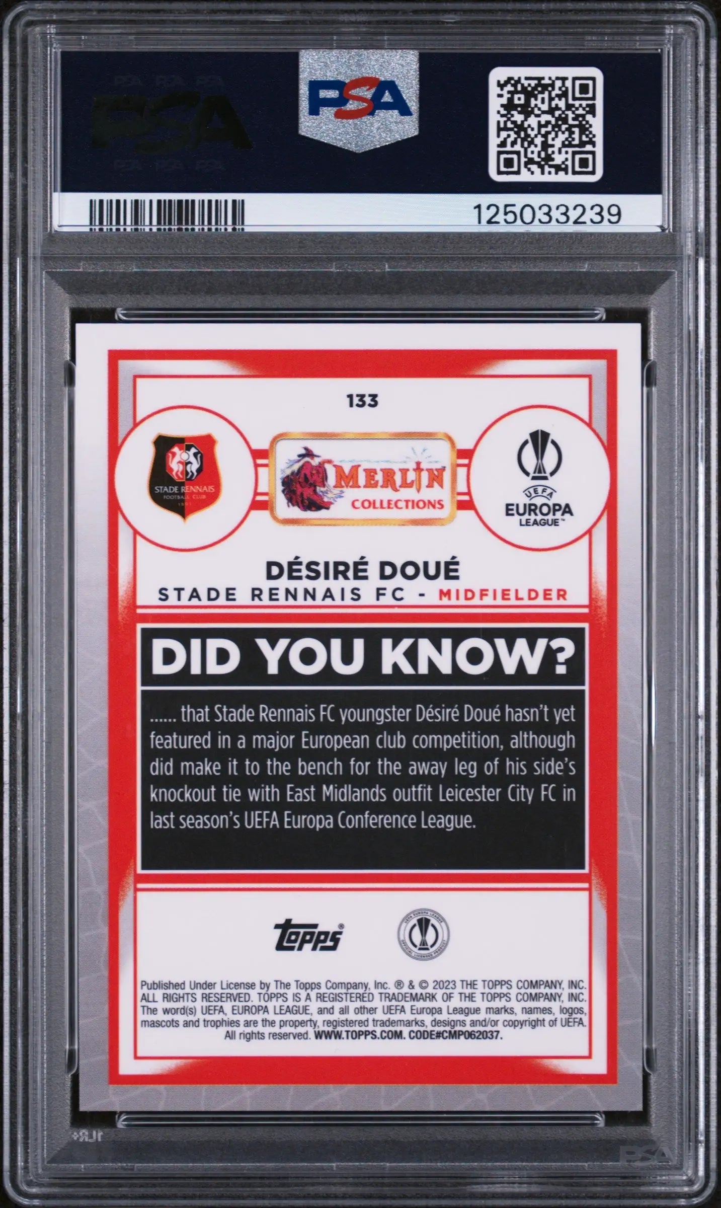 Desire Doue PSA 10 /199 RC Rookie 2022-23 Merlin Chrome UCC Aqua Speckle 