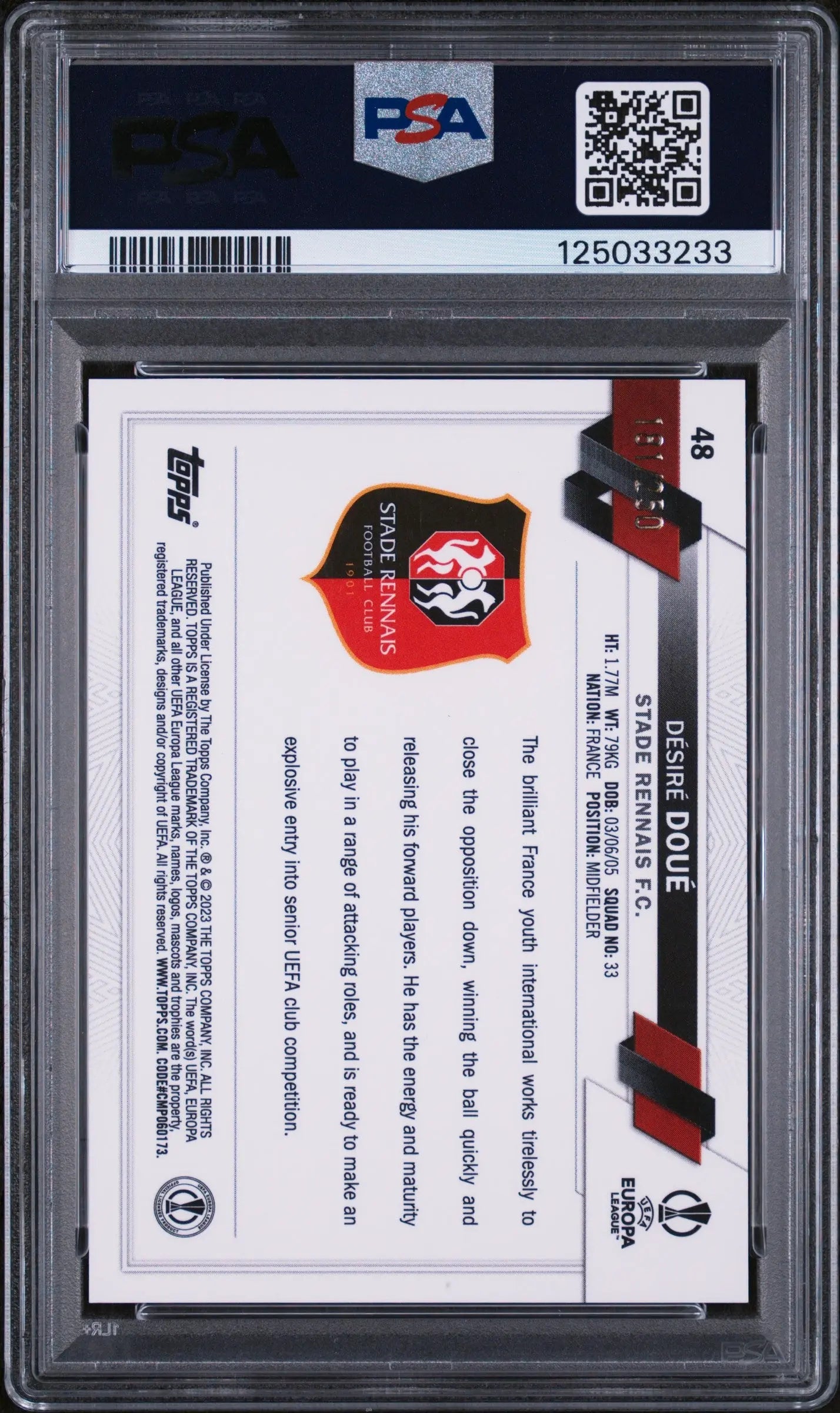 Desire Doue RC Rookie /250 2022-23 Topps Chrome UEFA UCC Pink Shimmer PSA 10 