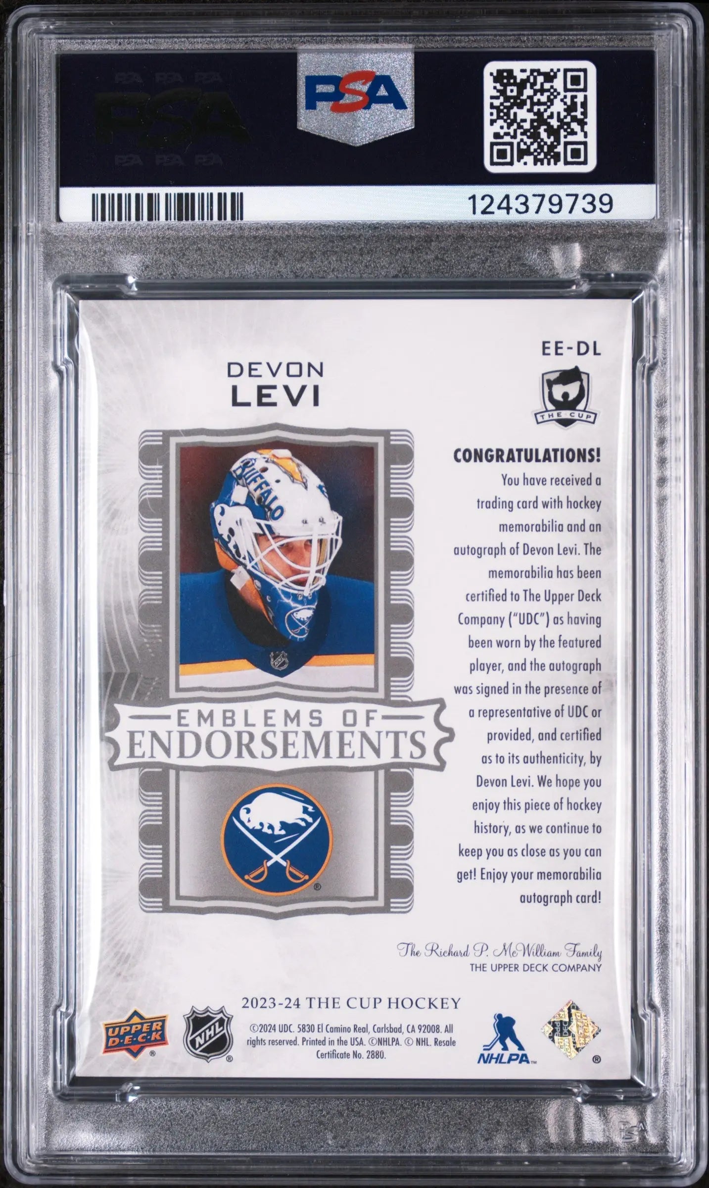 Devon Levi Auto RC Patch /15 PSA 10 GEM UD The Cup Emblems of Endorsements 23-24 