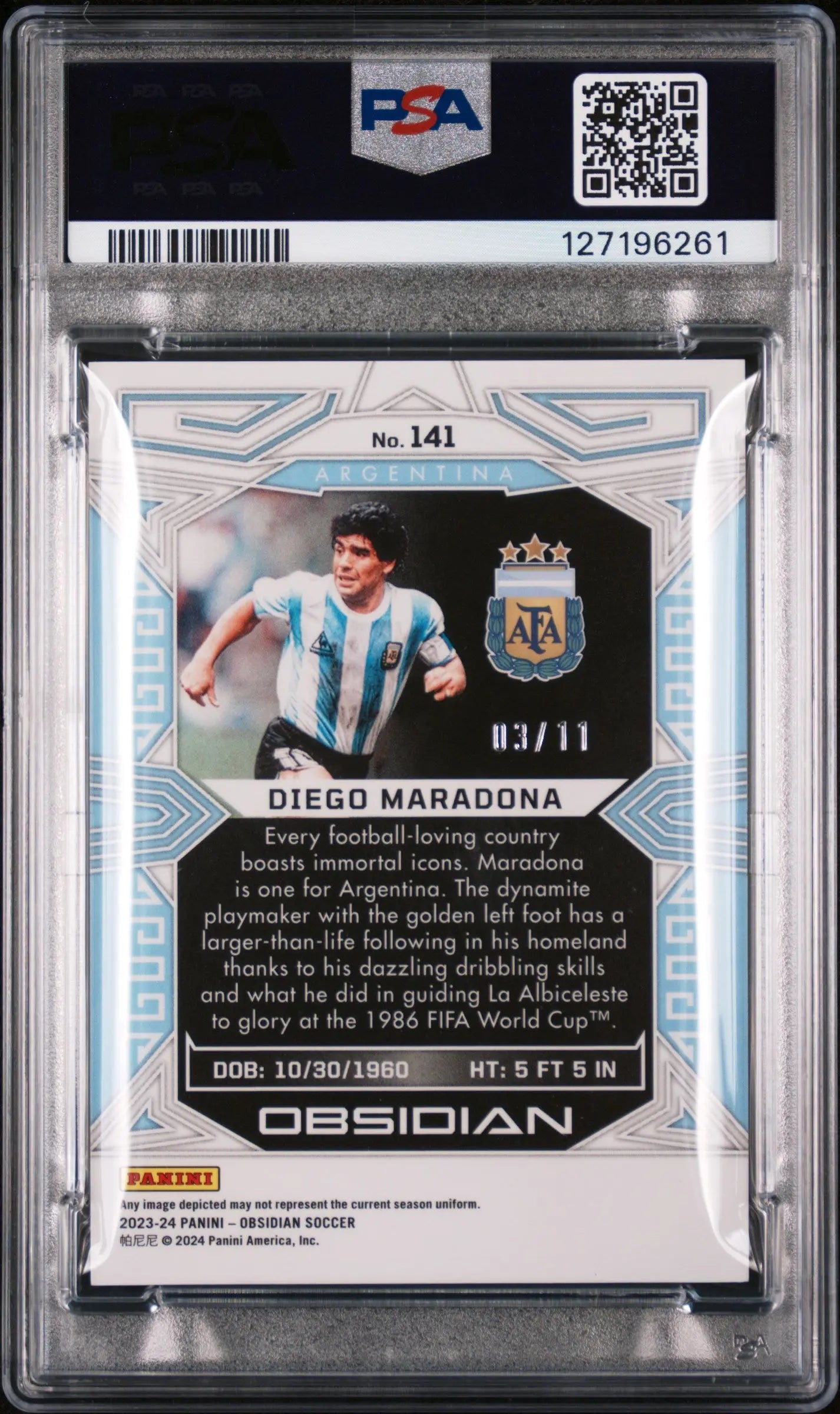 Diego Maradona 2023 Panini Obsidian /11 Electric Etch White Pulsar PSA 9 