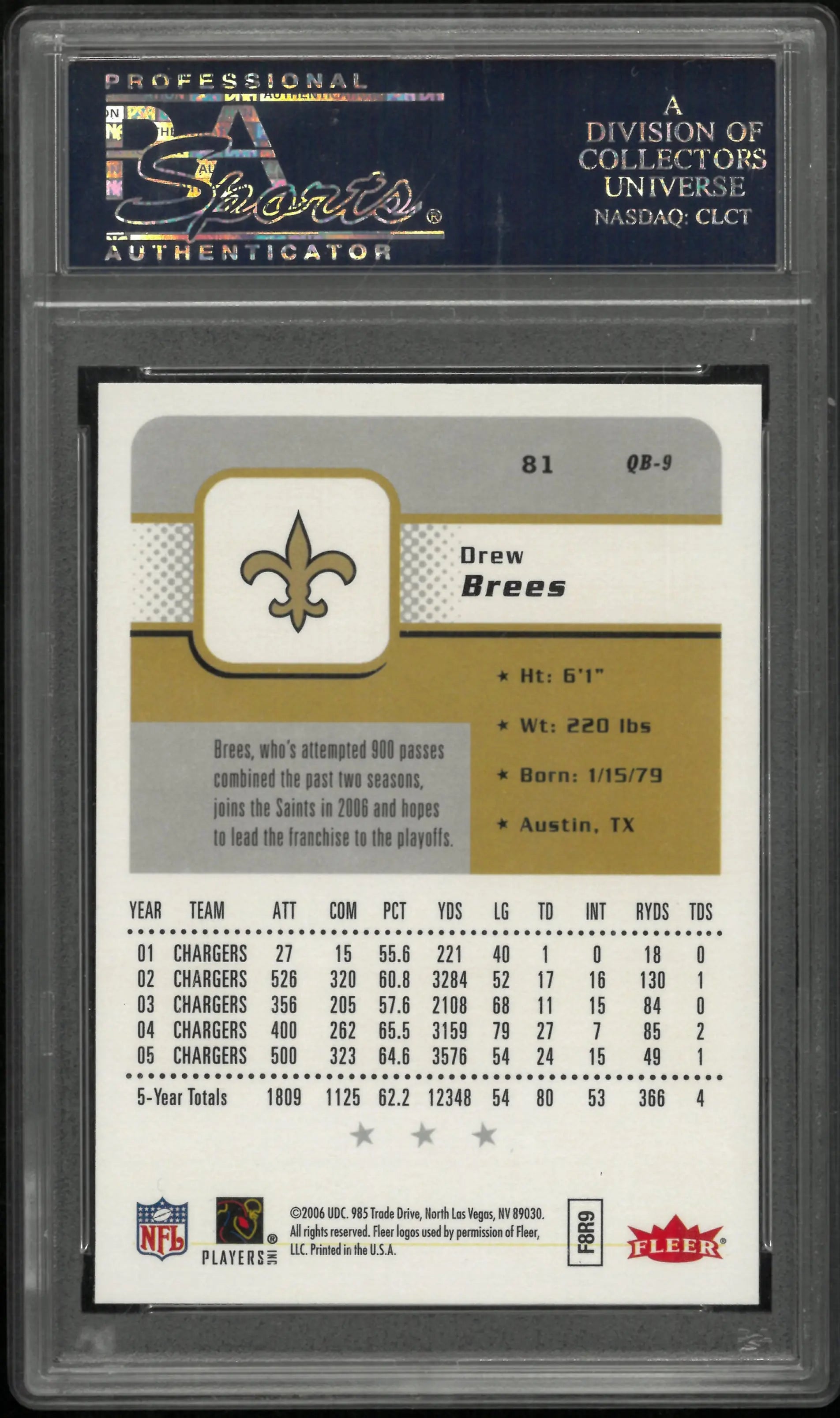 Drew Brees 2006 Fleer PSA 10 #81 New Orleans Saint 
