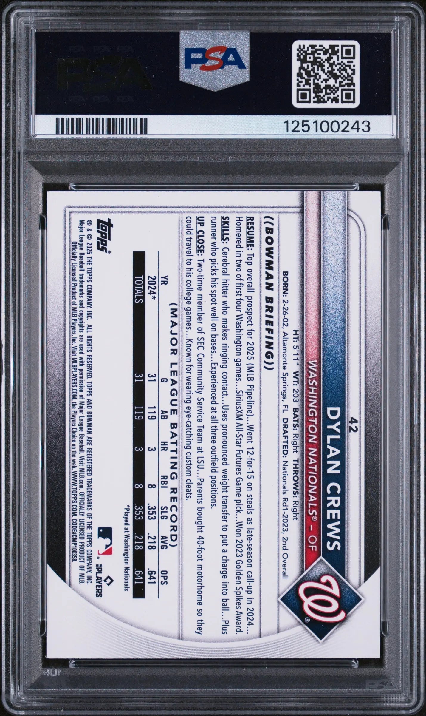 Dylan Crews RC Rookie /99 PSA 9 2025 Bowman Green 99/99 