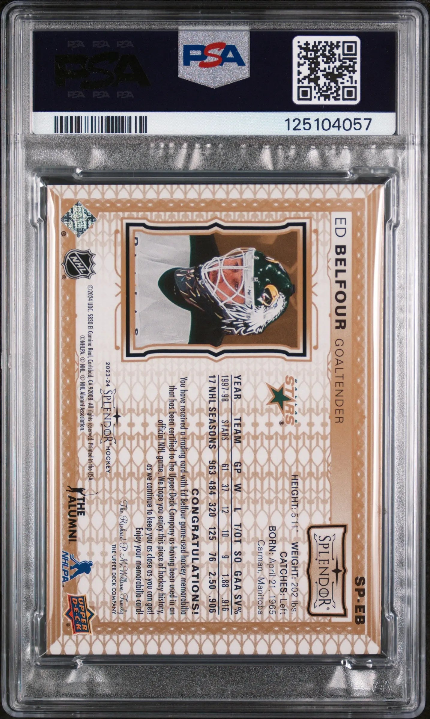 Ed Belfour Splendor Patch /36 Leather 2023-24 UD The Cup PSA 9 Dallas Stars 