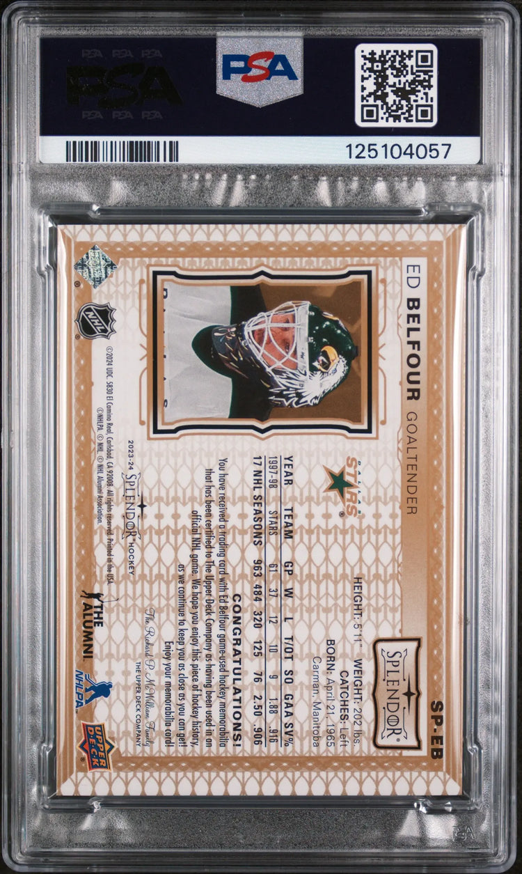 Ed Belfour Splendor Patch /36 Leather 2023-24 UD The Cup PSA 9 Dallas Stars 