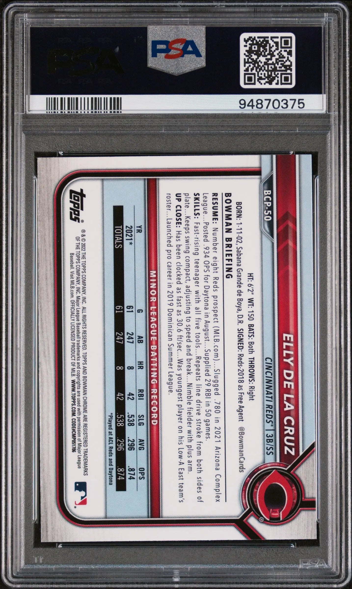 Elly De La Cruz PSA 10 RC Rookie 2022 Bowman Chrome 1st 