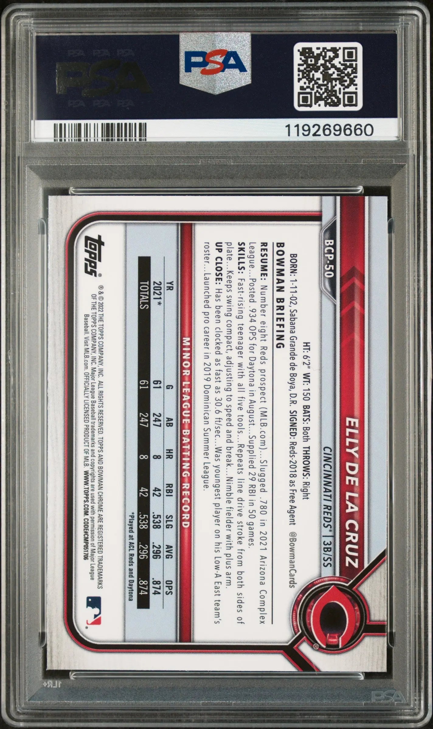 Elly De La Cruz RC Rookie PSA 10 2022 Bowman Chrome Prospects 1st REDS 