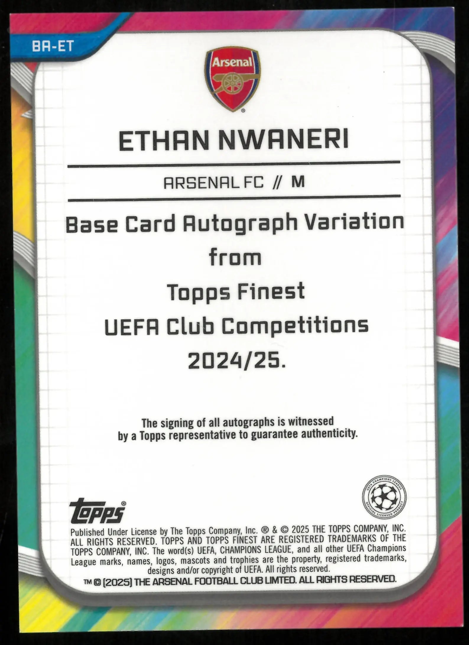 Ethan Nwaneri RC Auto Topps Finest /75 2024-25 UCC Arsenal Rookie 