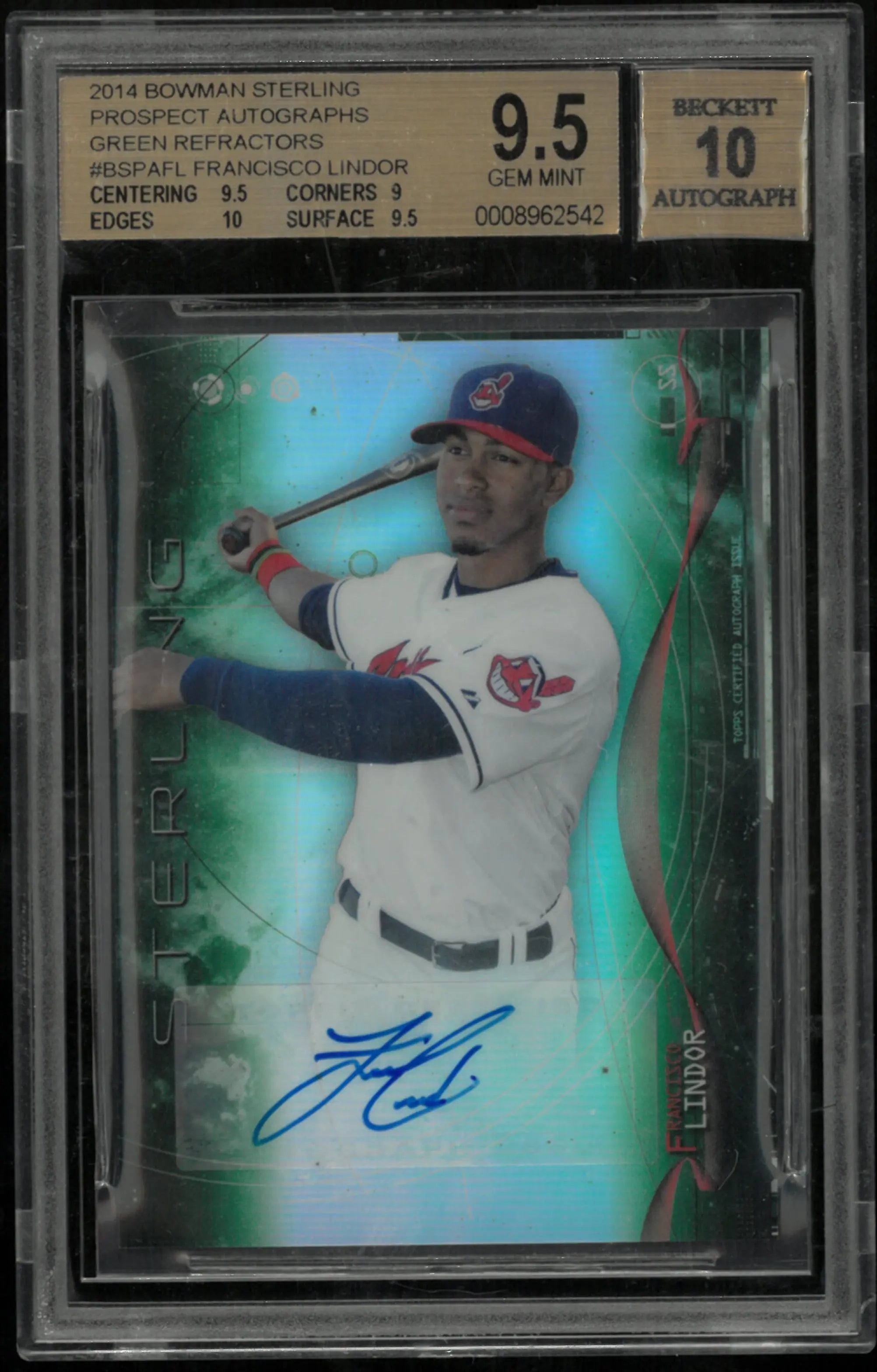 Francisco Lindor /125 2014 Bowman Sterling Autograph Green BGS 9.5 Auto 10 