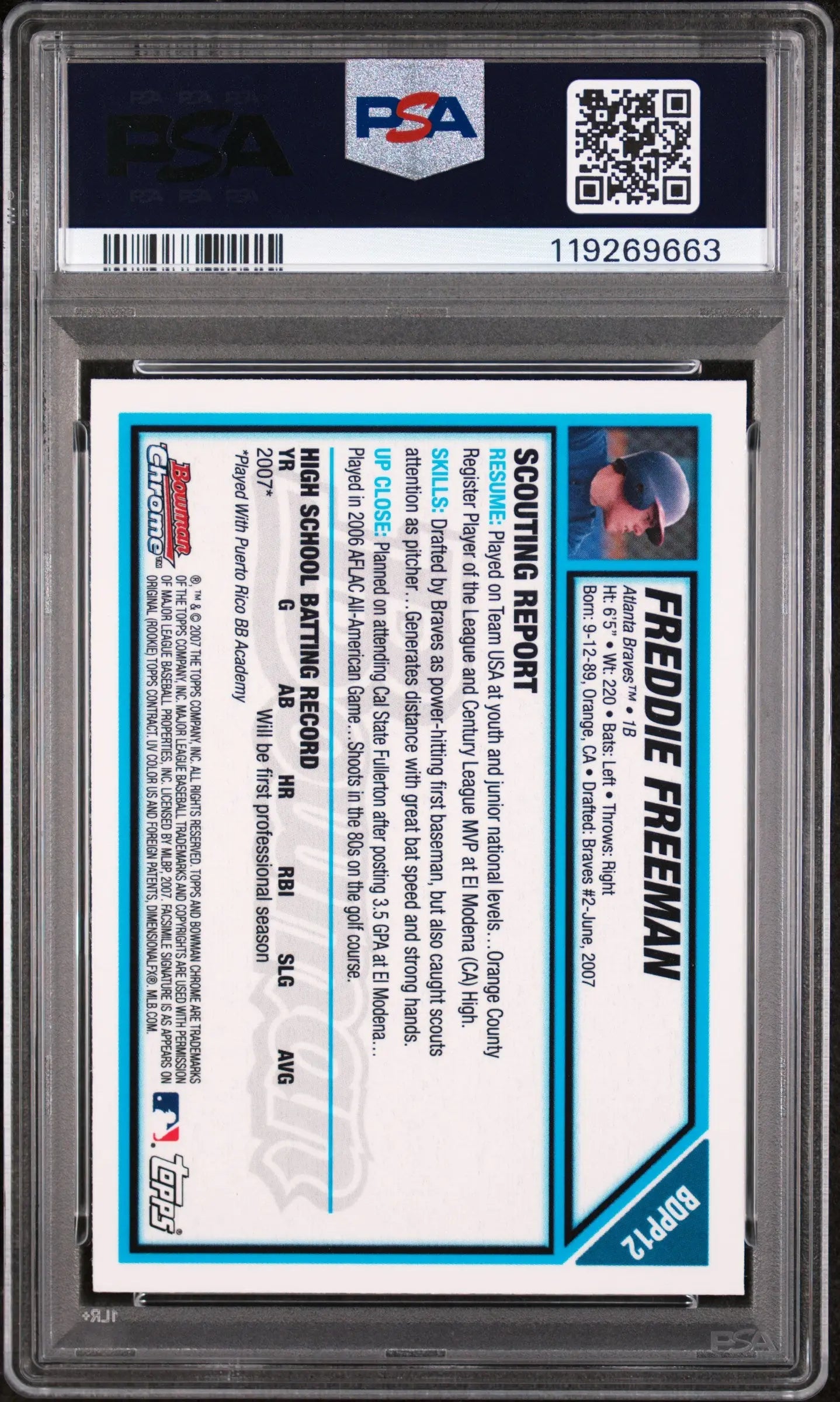 Freddie Freeman RC Rookie PSA 9 2007 Bowman Chrome Draft Picks & Prospects 1st 