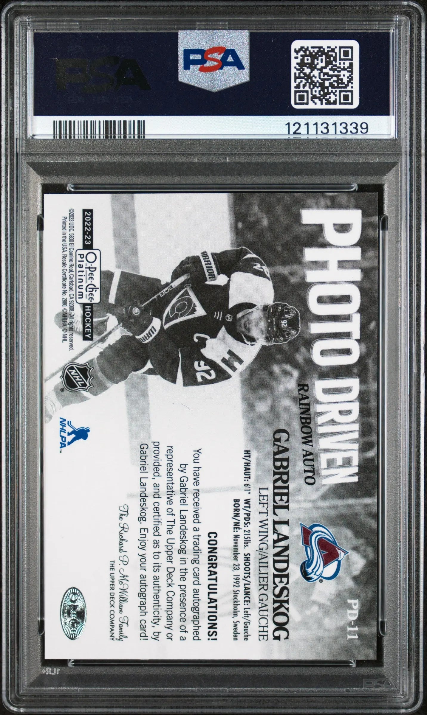 Gabriel Landeskog Photo Driven Auto PSA 8 Autograph Rainbow 2022-23 OPC Platinum 