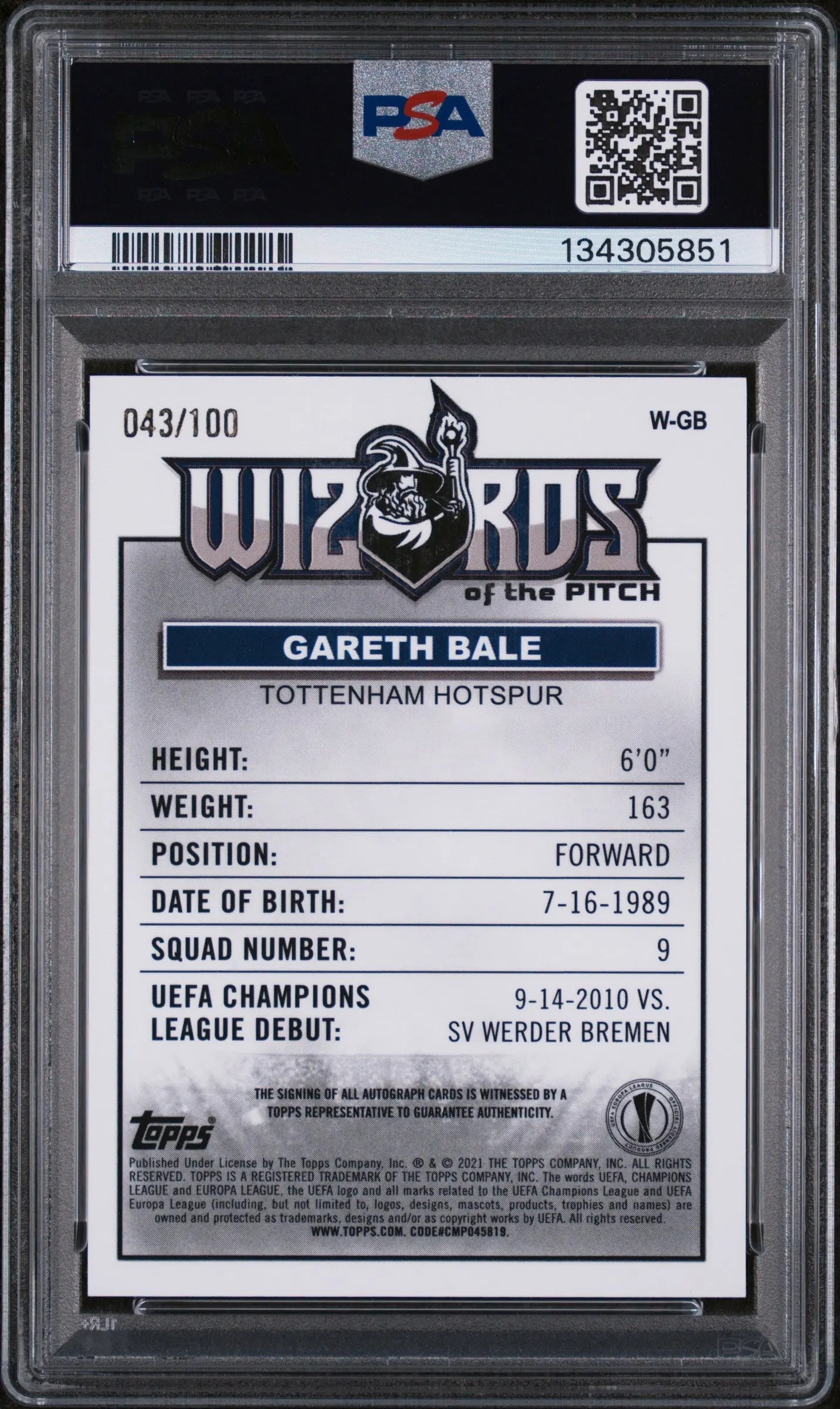 Gareth Bale Autograph PSA 10 2020-21 Topps Merlin Chrome Wizards Of Th