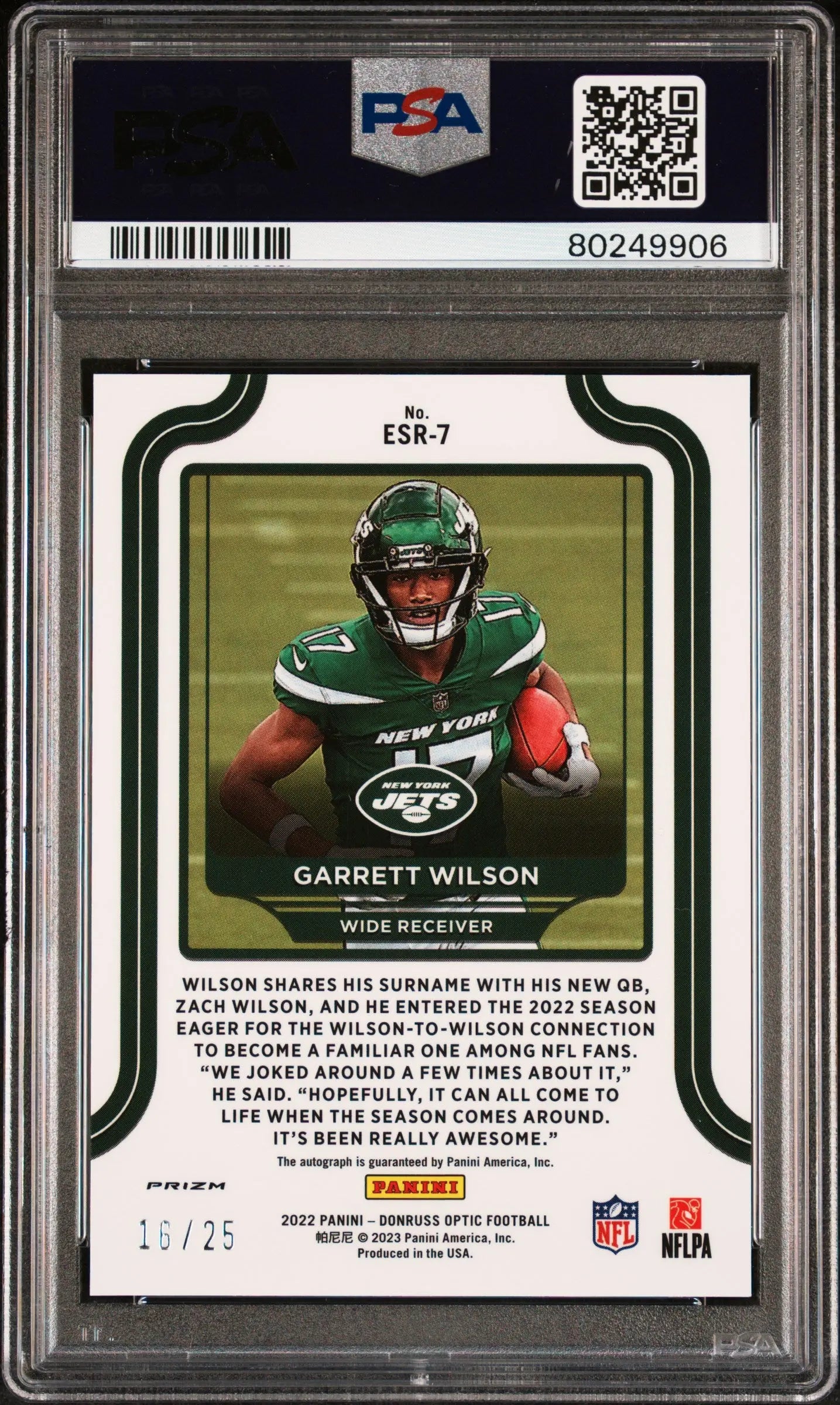 Garrett Wilson PSA 9 Auto 10 /25 Elite Series RC Rookie Purple Stars Autograph 