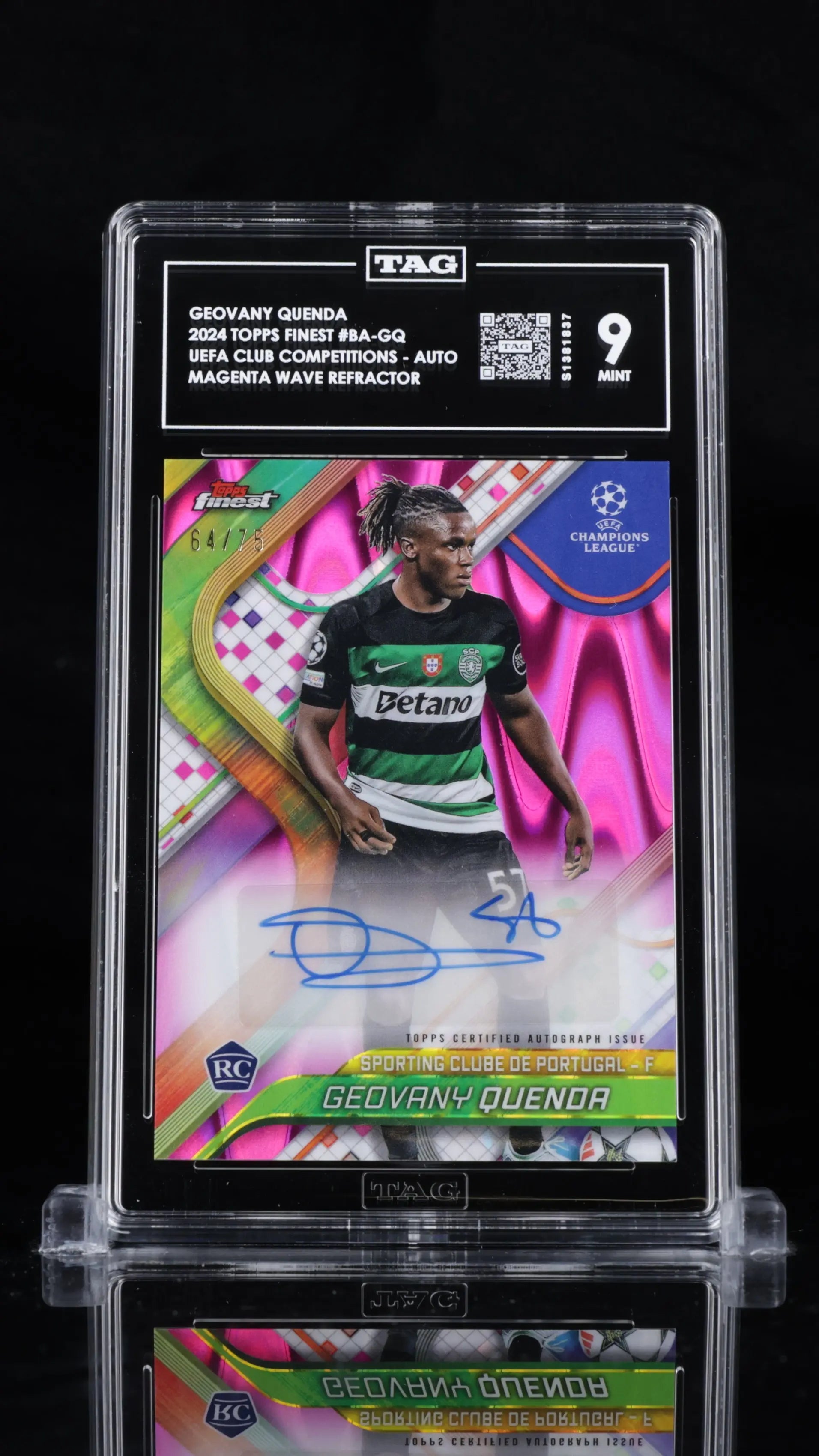 Geovany Quenda /75 Auto RC 2024-25 Topps Finest UCC  Magenta Wave Rookie TAG 9 