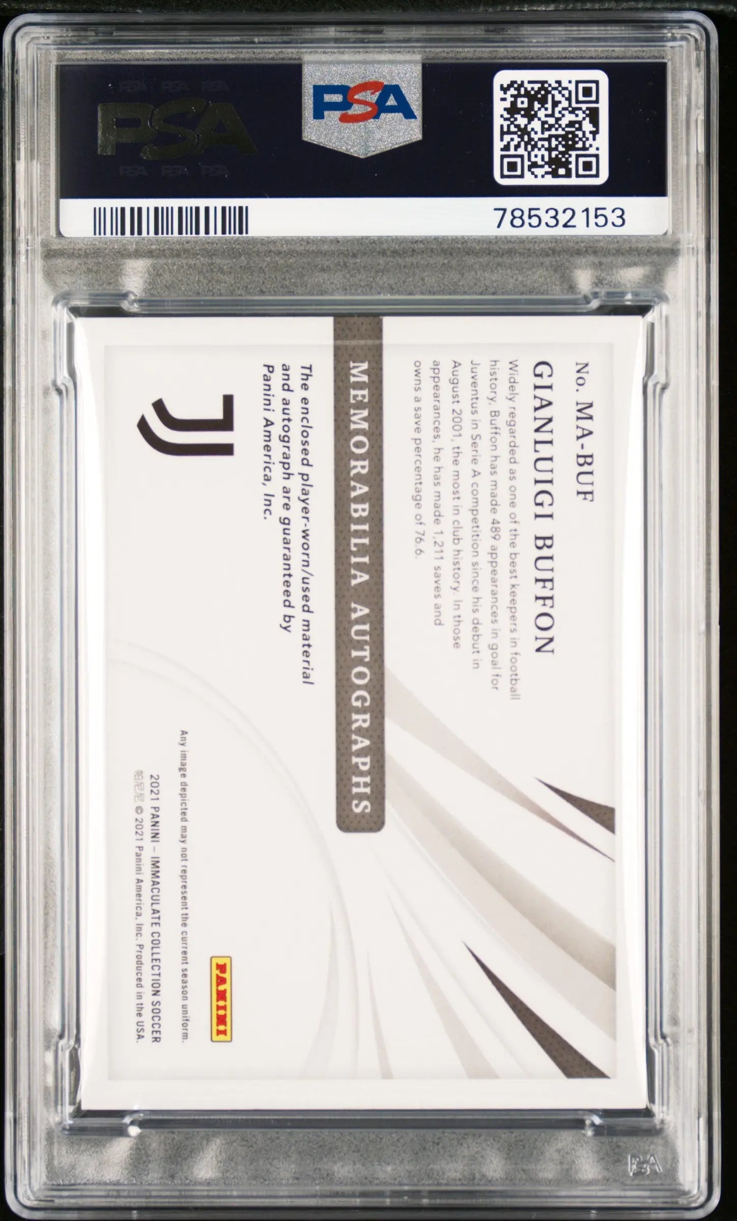 Gianluigi Buffon /5 PSA 9 Auto Jersey 2021-22 Immaculate Memorabilia Gold 5/5 