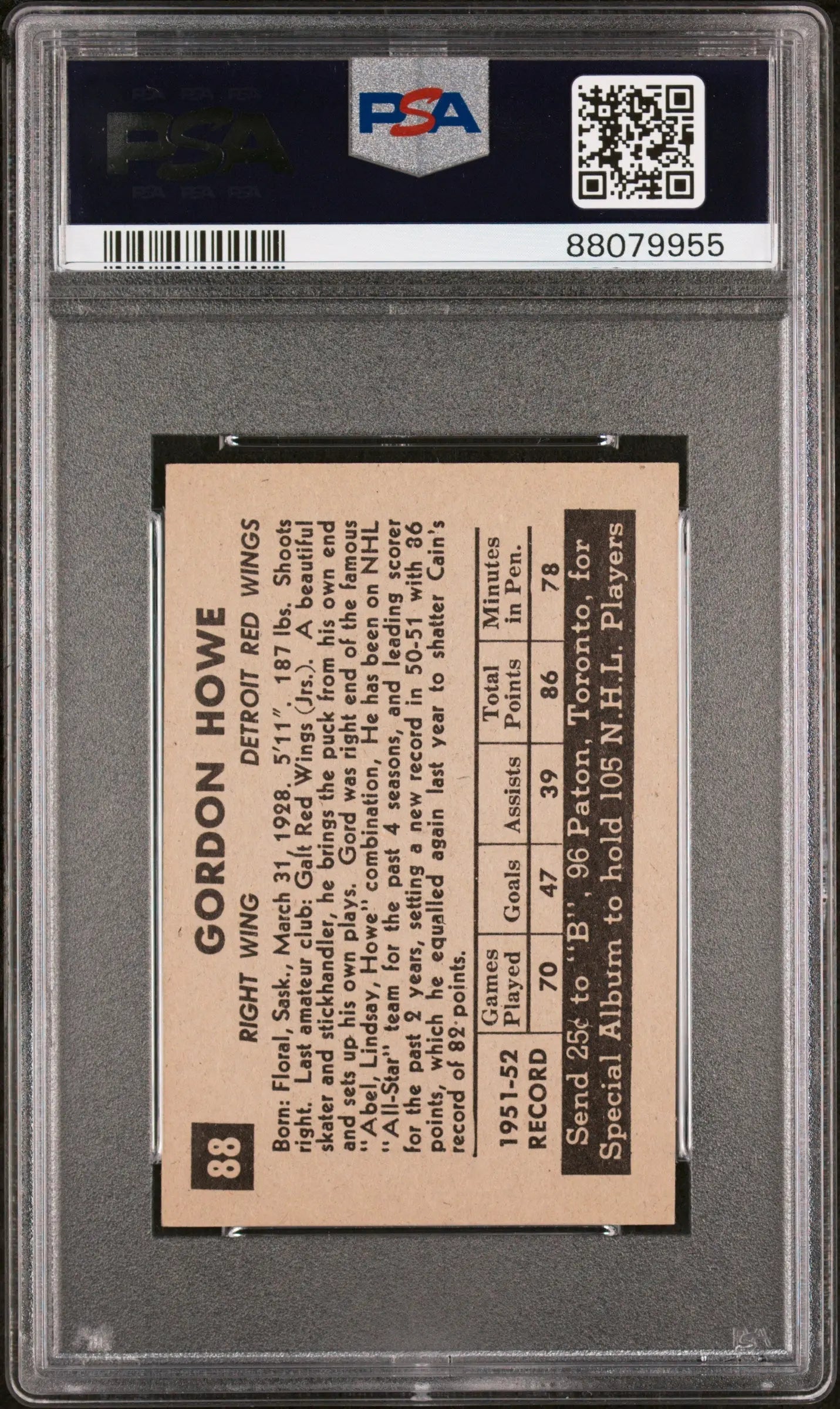 Gordie Howe 2nd Year 1952-53 Parkhurst PSA 7 LOW POP #88 52-53 RED WINGS 