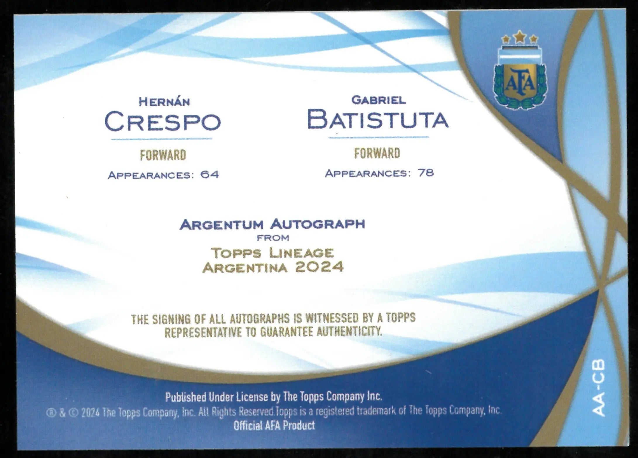 Hernan Crespo Gabriel Batistuta Auto /50 Lineage Topps Argentina 