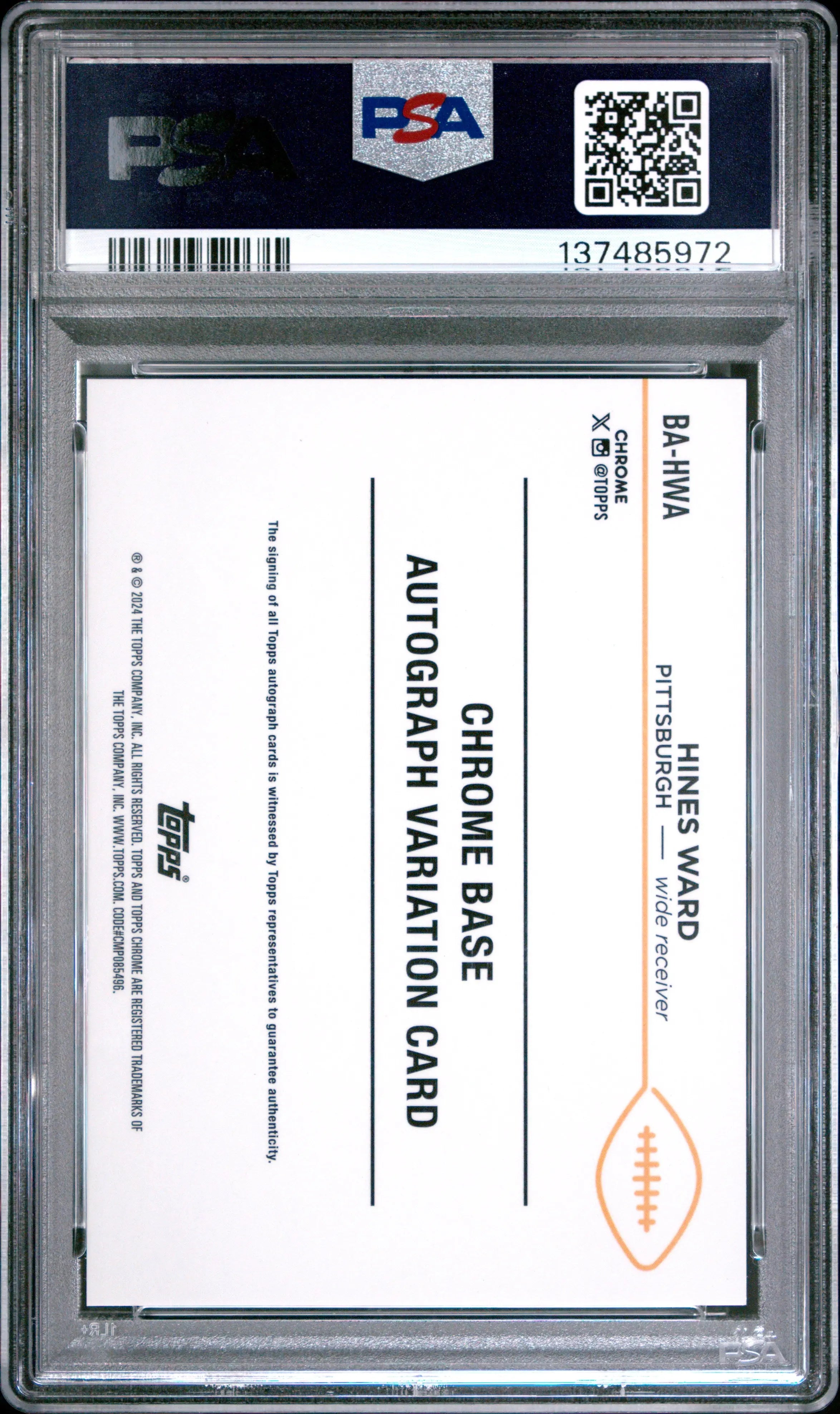 Hines Ward Gold Wave /50 PSA 10 2024 Topps Chrome Base Autograph Variations 