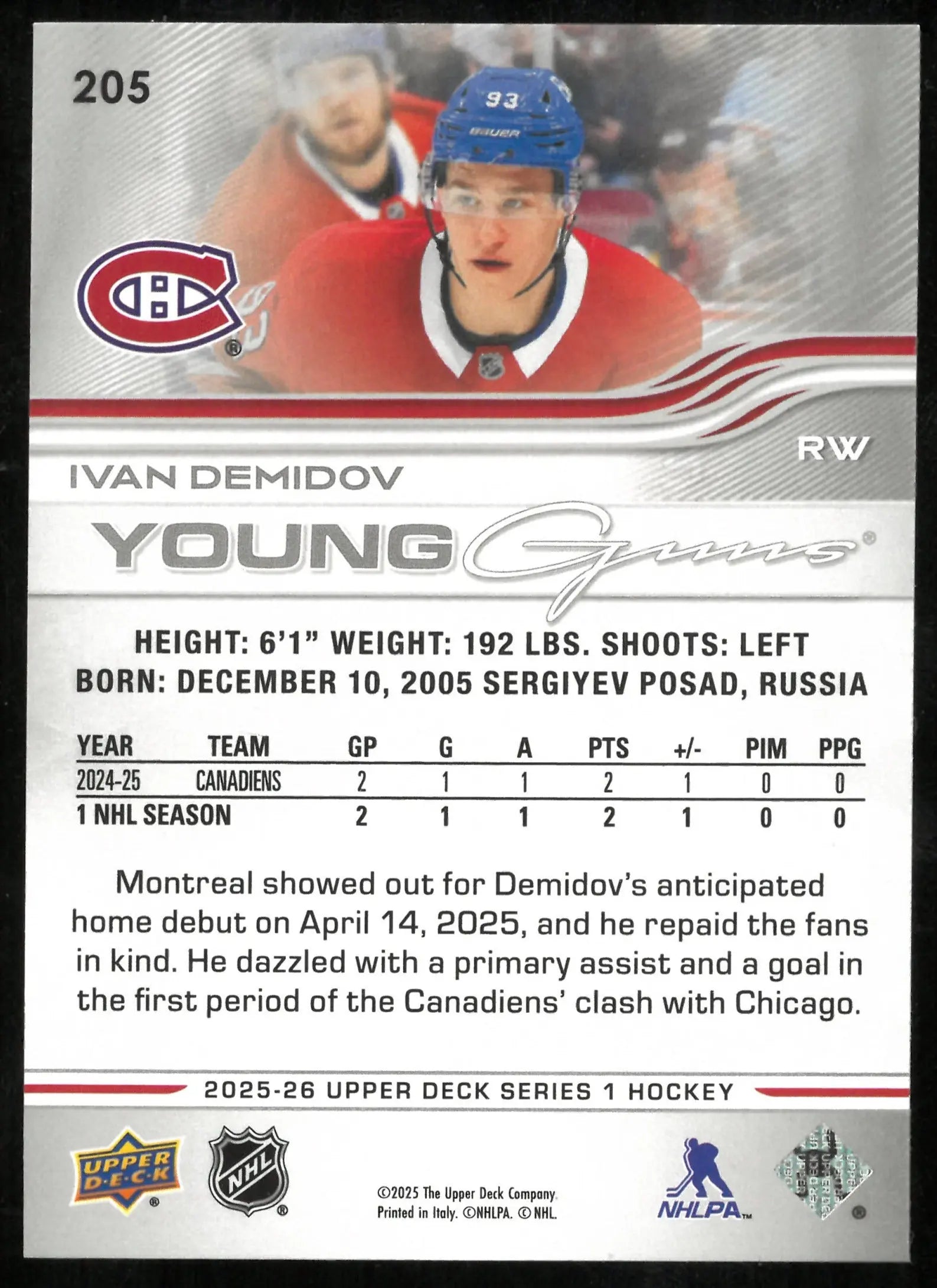 Ivan Demidov Young Guns RC Rookie 2025-26 25-26 UD Upper Deck 