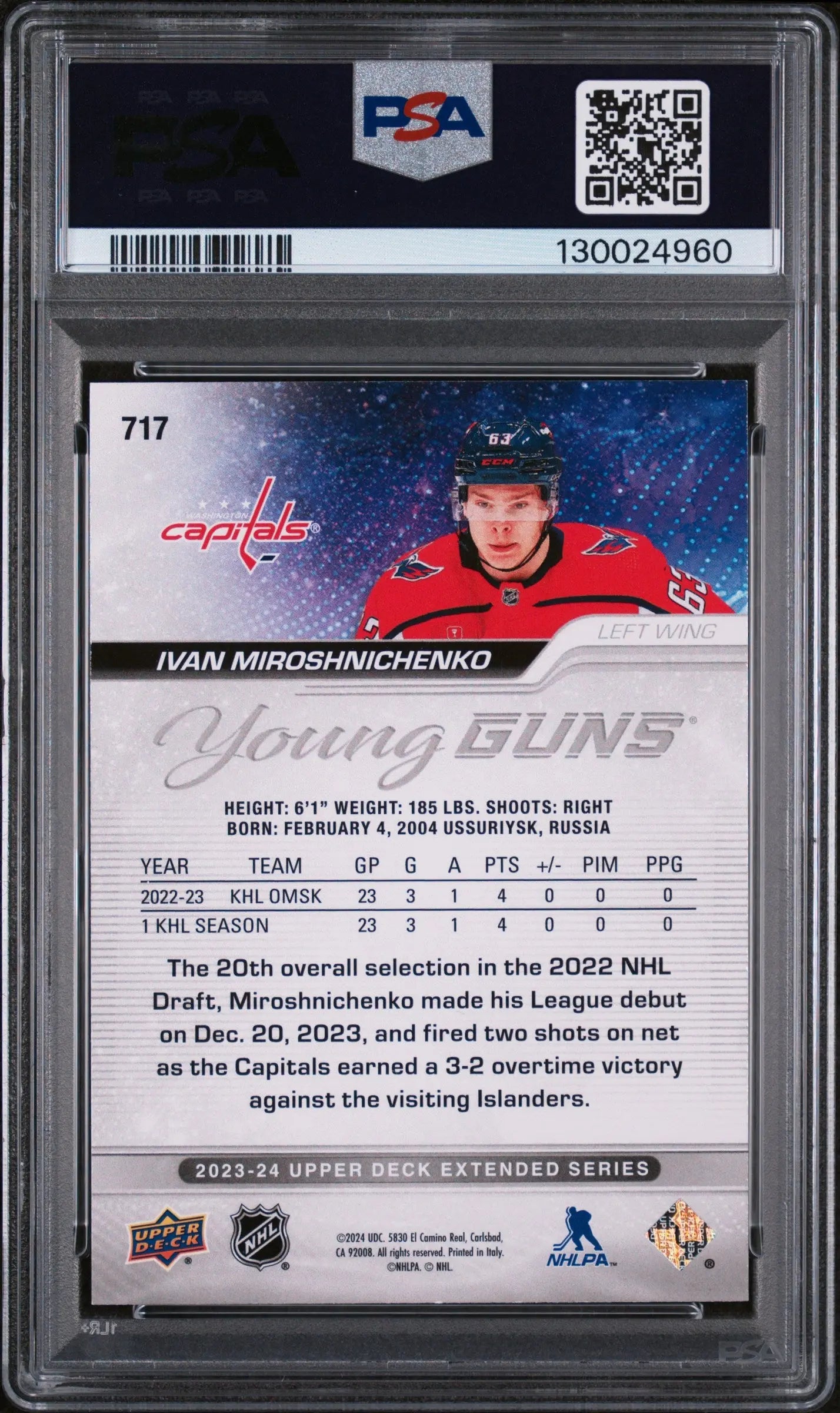 Ivan Miroshnichenko /100 Exclusives Young Guns RC Rookie PSA 8 2023-24 UD 