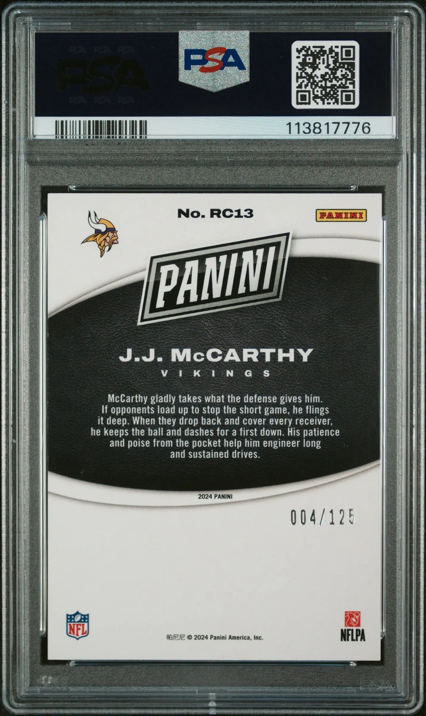 JJ Mccarthy #RC13 Red PSA 10 /125 2024 Panini Black Friday Rookie RC Pop 5 