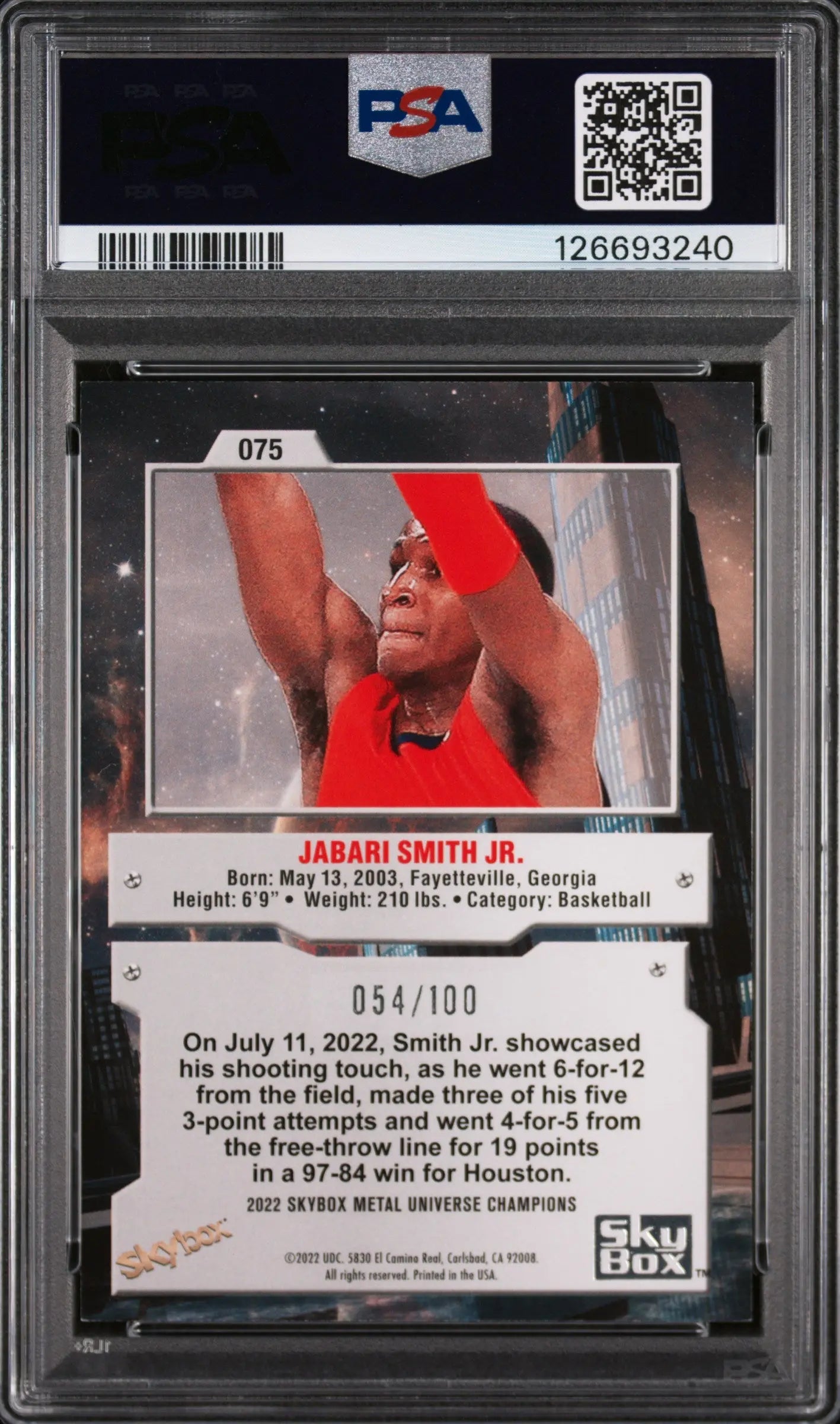 Jabari Smith /100 Precious Gems Red PSA 9 2022 Skybox Metal Universe Champions 