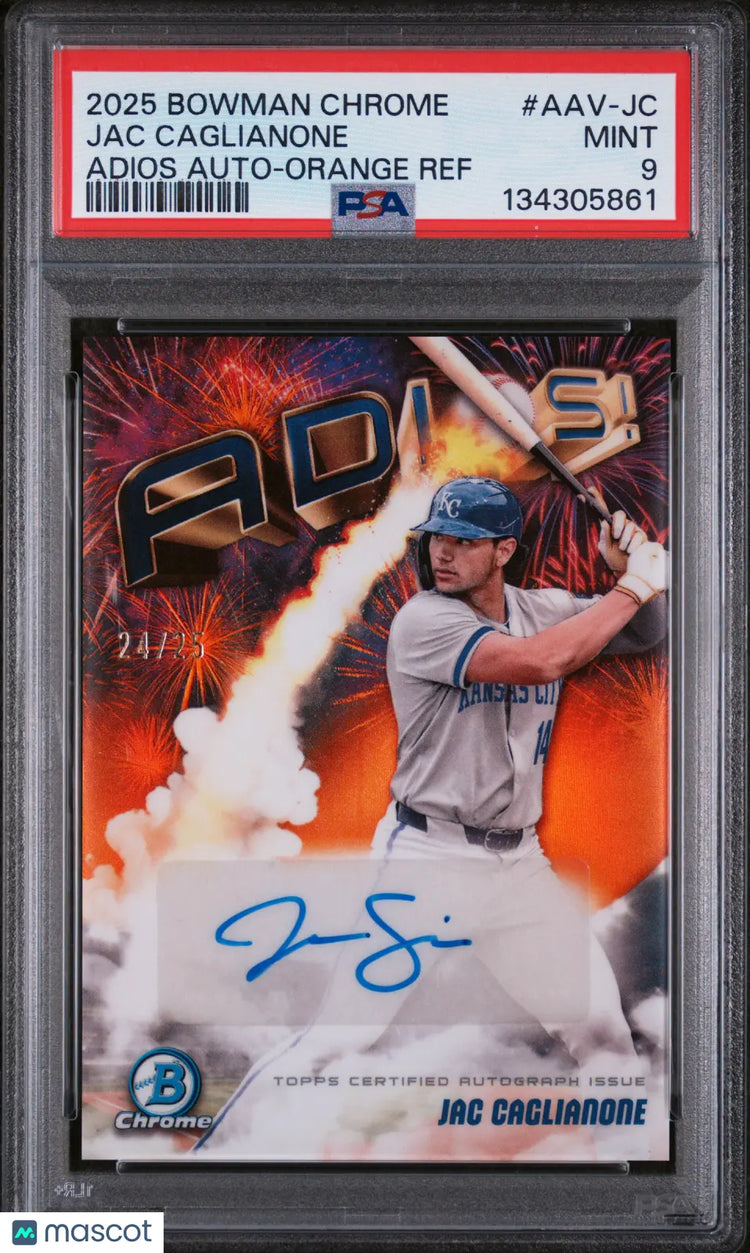 Jac Caglianone Orange Refractor /25 PSA 9 2025 Bowman Chrome Adios Autographs 