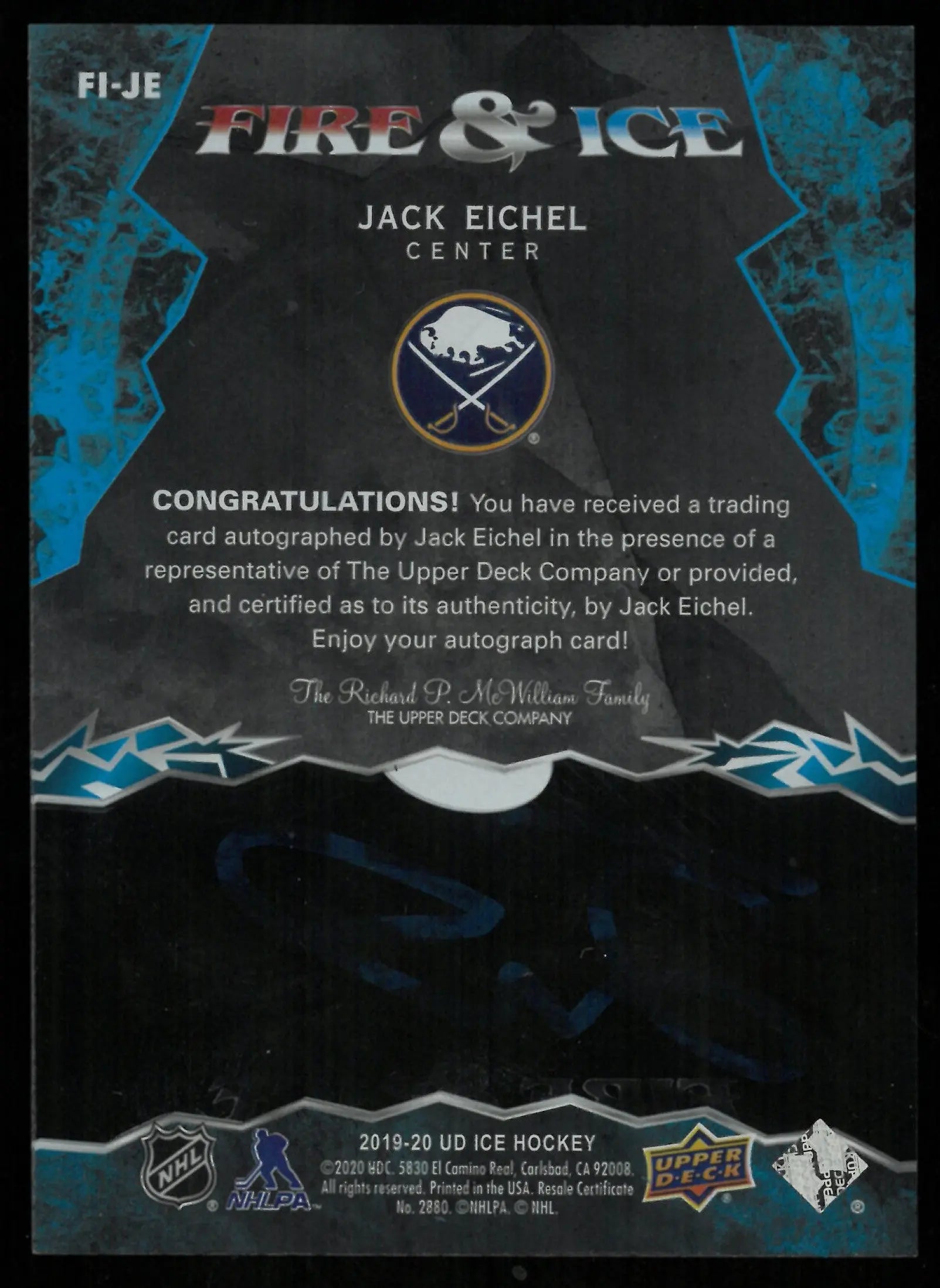 Jack Eichel Auto Fire & ICE 2019-20 19-20 Autograph Upper Deck 