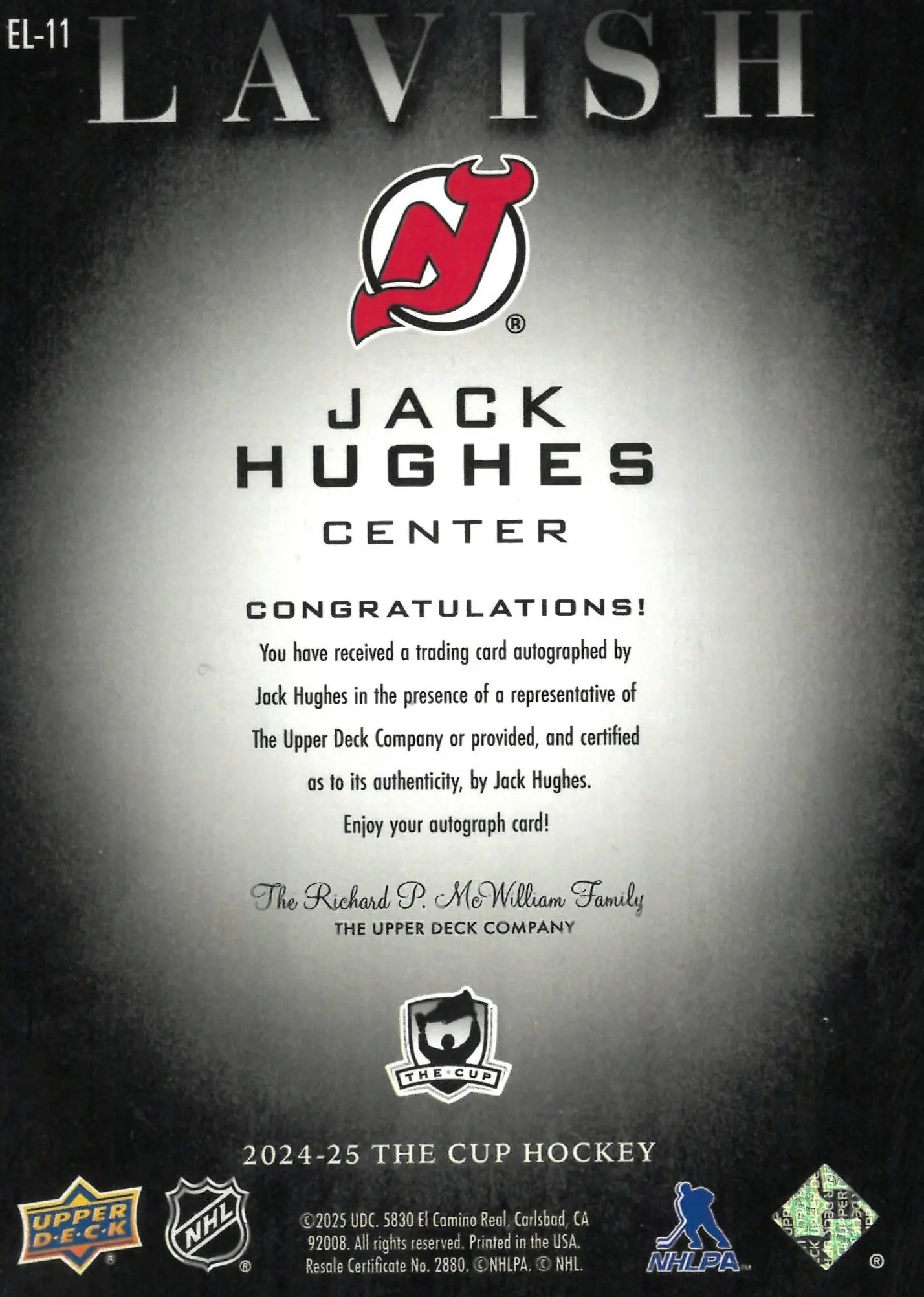 Jack Hughes Auto /25 Lavish UD The Cup 2024-25 