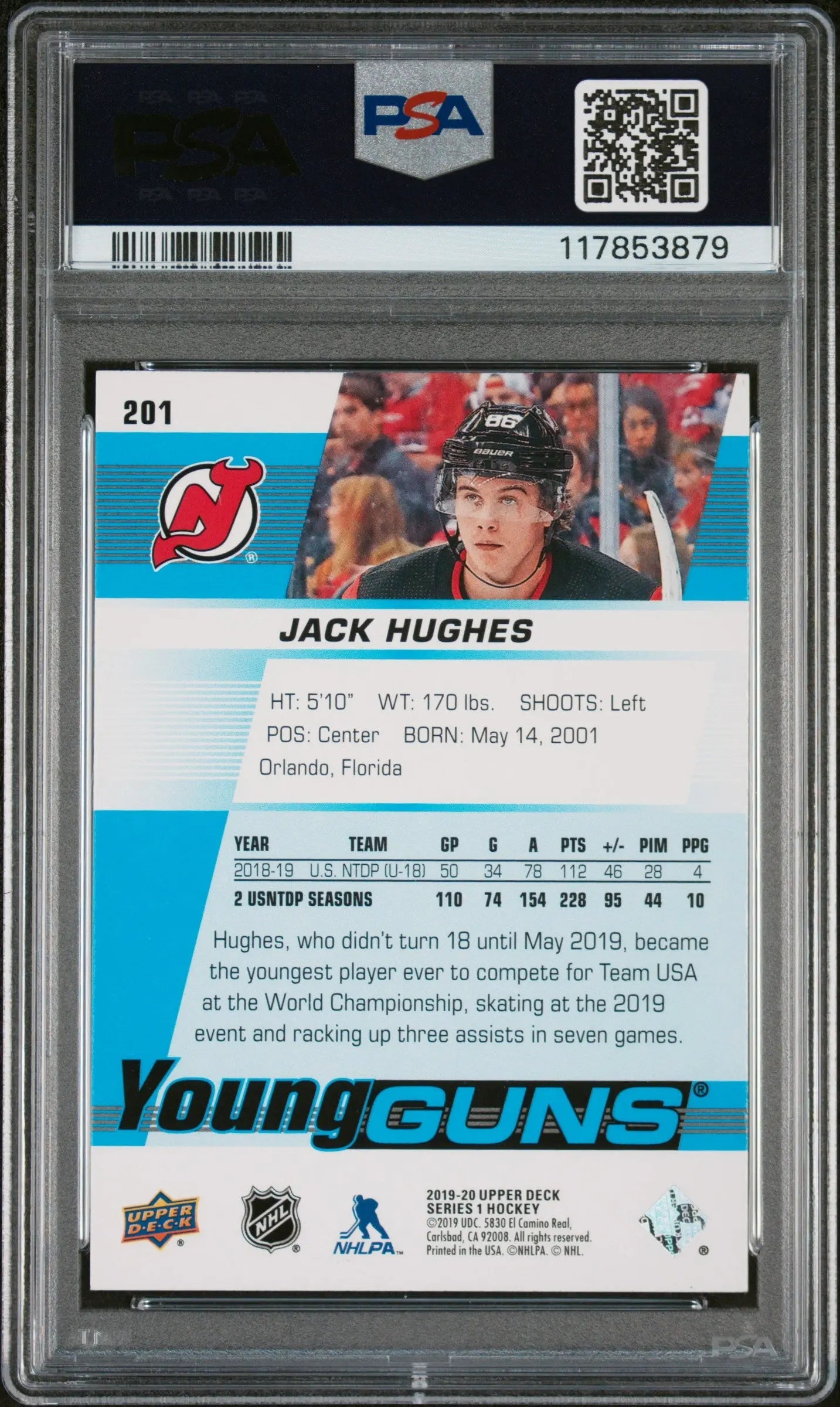 Jack Hughes PSA 9 Young Guns RC Rookie 2019-20 Upper Deck USA 