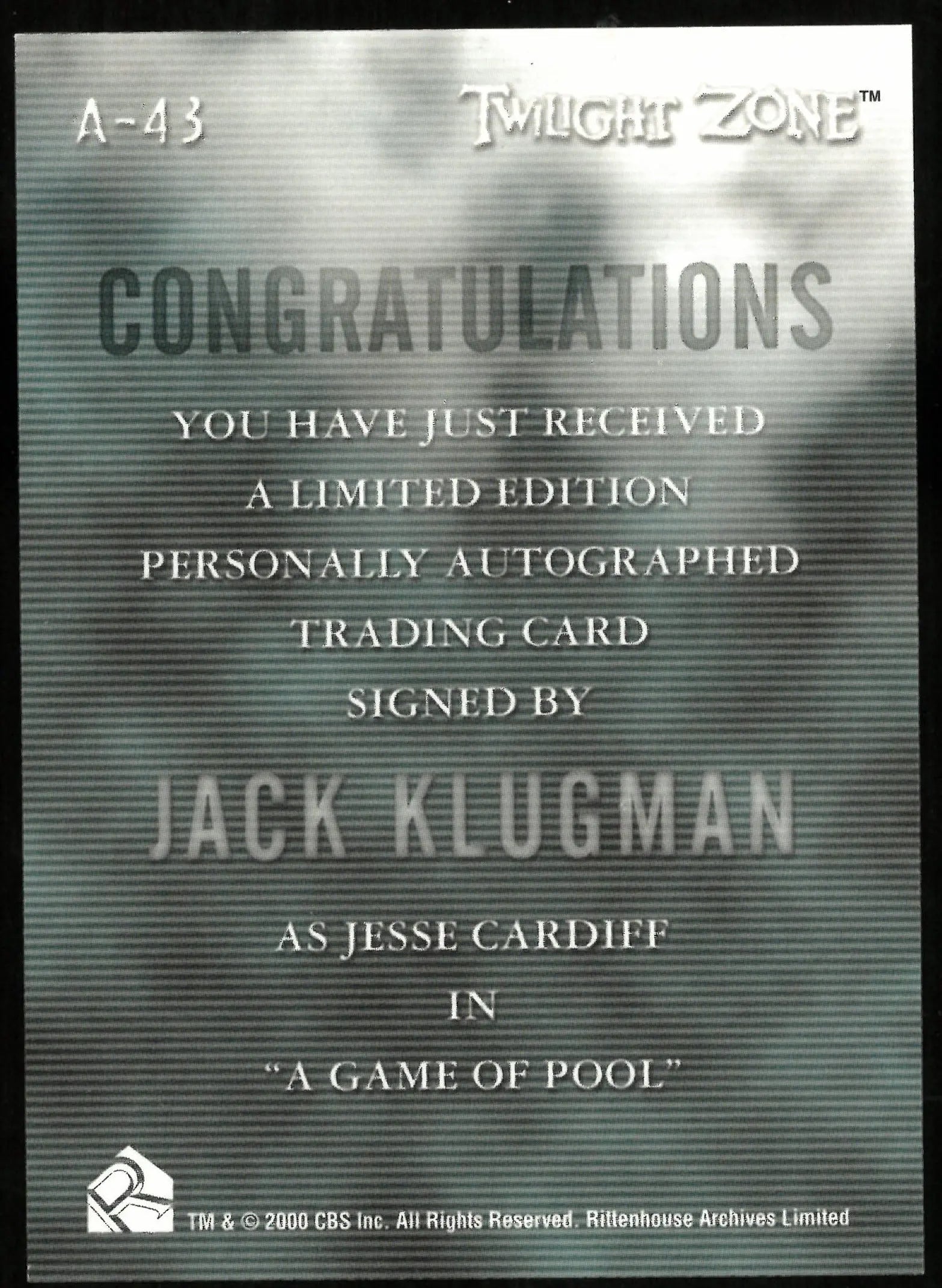 Jack Klugman As Jesse Cardiff Twilight Zone Auto Autograph #A-43 