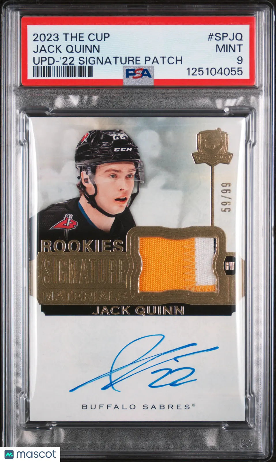Jack Quinn The Cup RC Patch Auto /99 PSA 9 2023-24 Signature Materials Rookie UD 