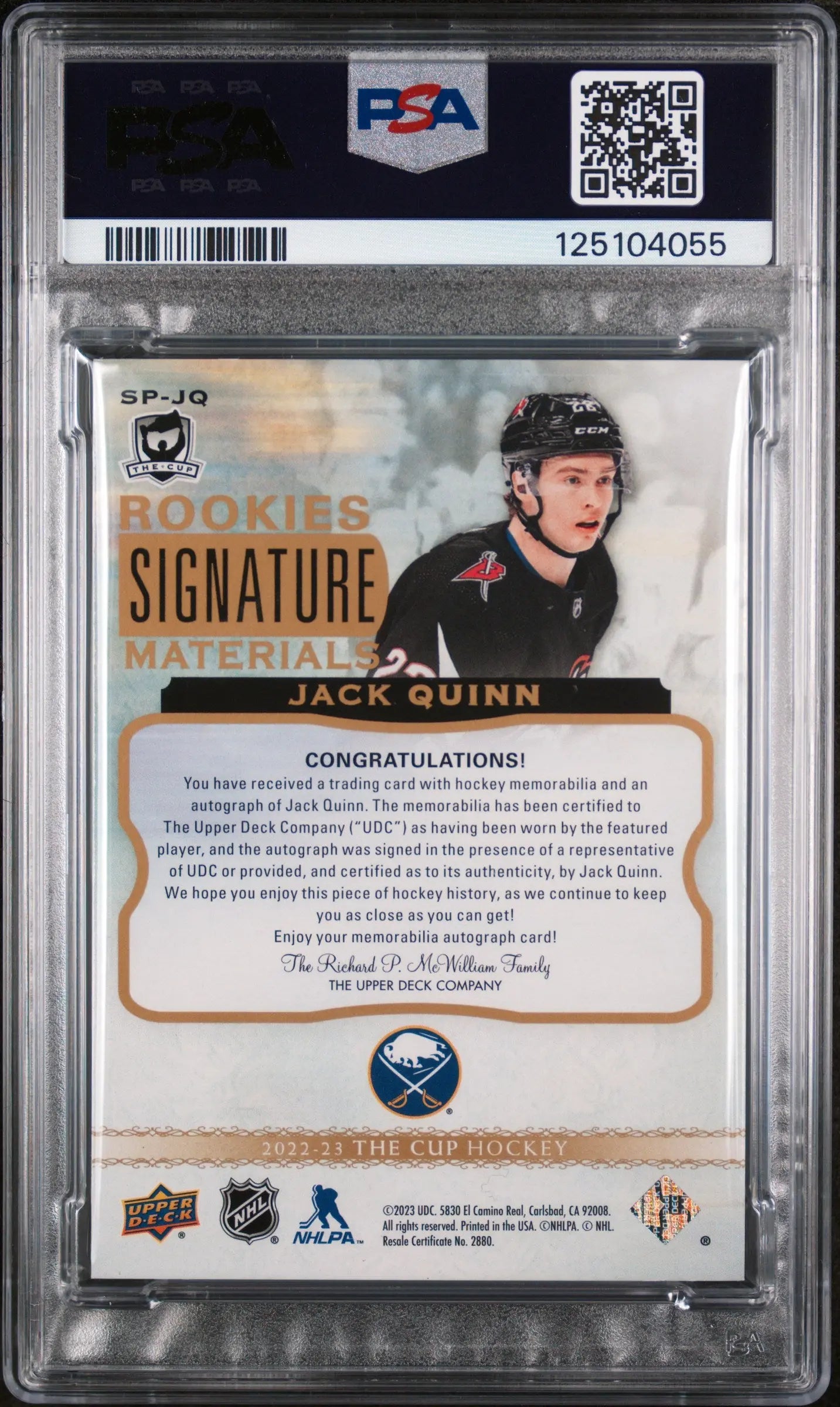 Jack Quinn The Cup RC Patch Auto /99 PSA 9 2023-24 Signature Materials Rookie UD 