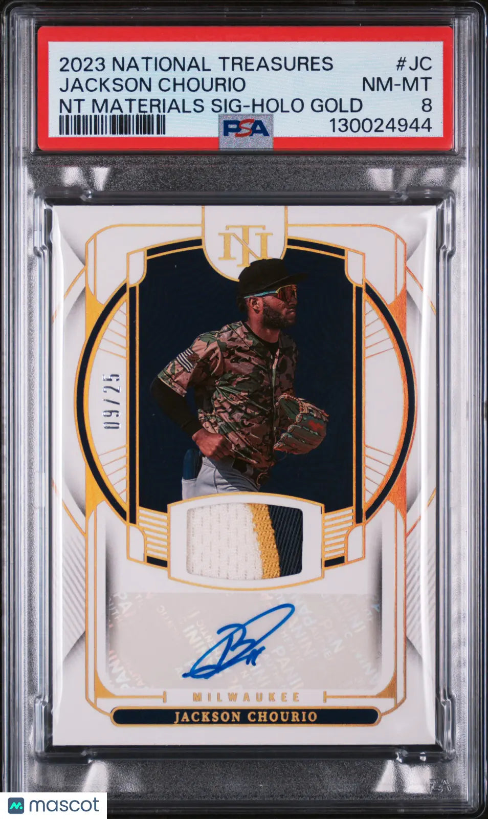 Jackson Chourio Holo Gold /25 PSA 8 National Treasures Patch Auto Materials RC 