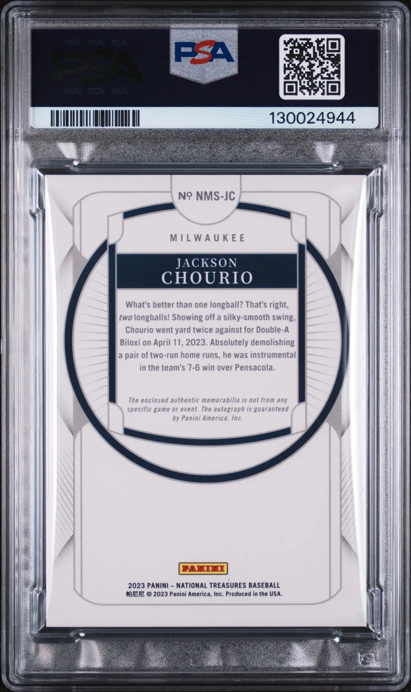 Jackson Chourio Holo Gold /25 PSA 8 National Treasures Patch Auto Materials RC 