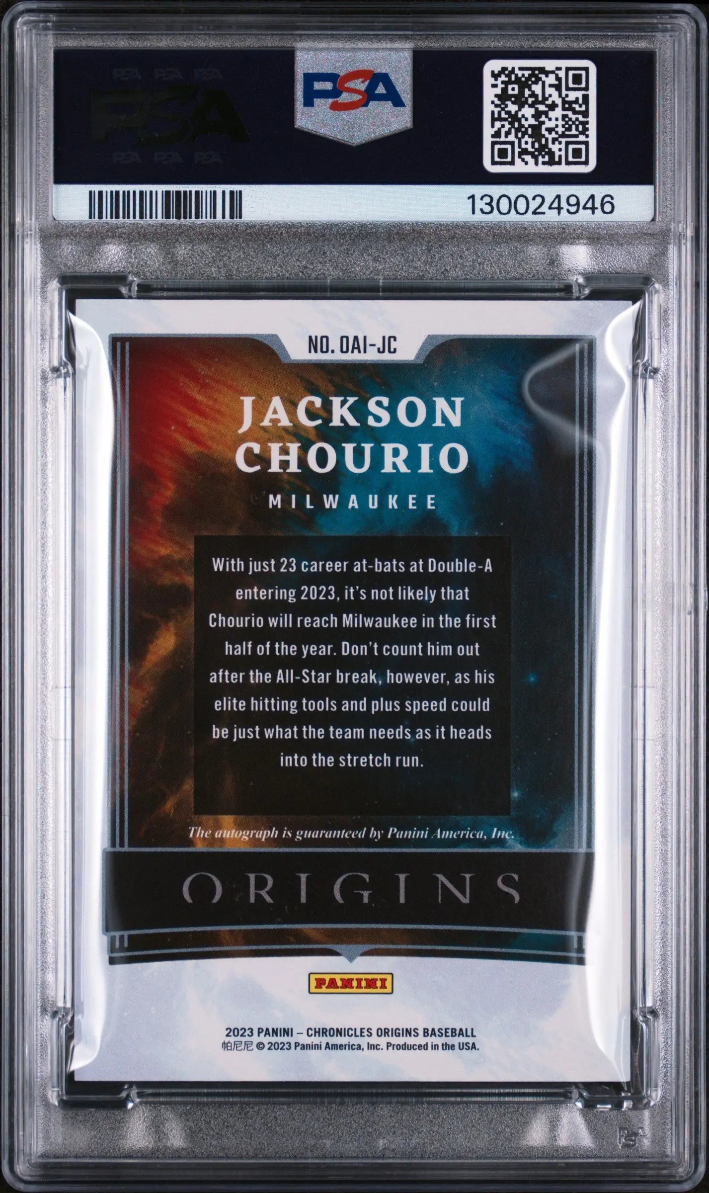 Jackson Chourio Origins RC Auto /49 PSA 8 Autograph 2023 Chronicles 