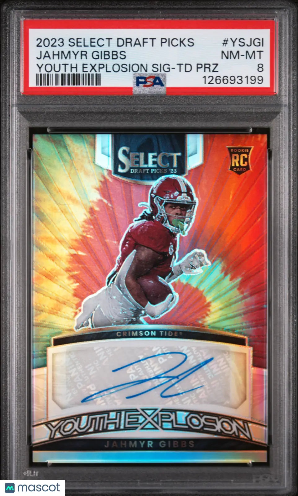 Jahmyr Gibbs Auto Tie Dye /25 RC Rookie PSA 8 2023 Select Draft Picks Autograph 