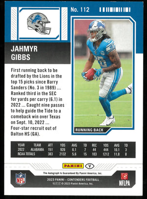 Jahmyr Gibbs RC Auto Contenders /50 Autograph Rookie 2023 