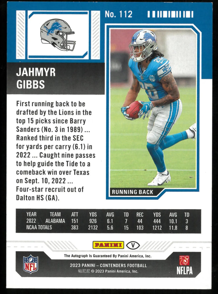 Jahmyr Gibbs RC Auto Contenders /50 Autograph Rookie 2023 