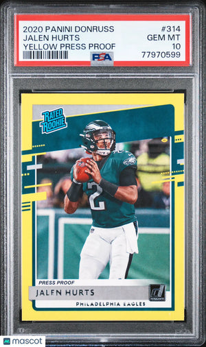 Jalen Hurts #314 Yellow Press Proof PSA 10 2020 Panini Donruss Rated Rookie RC 