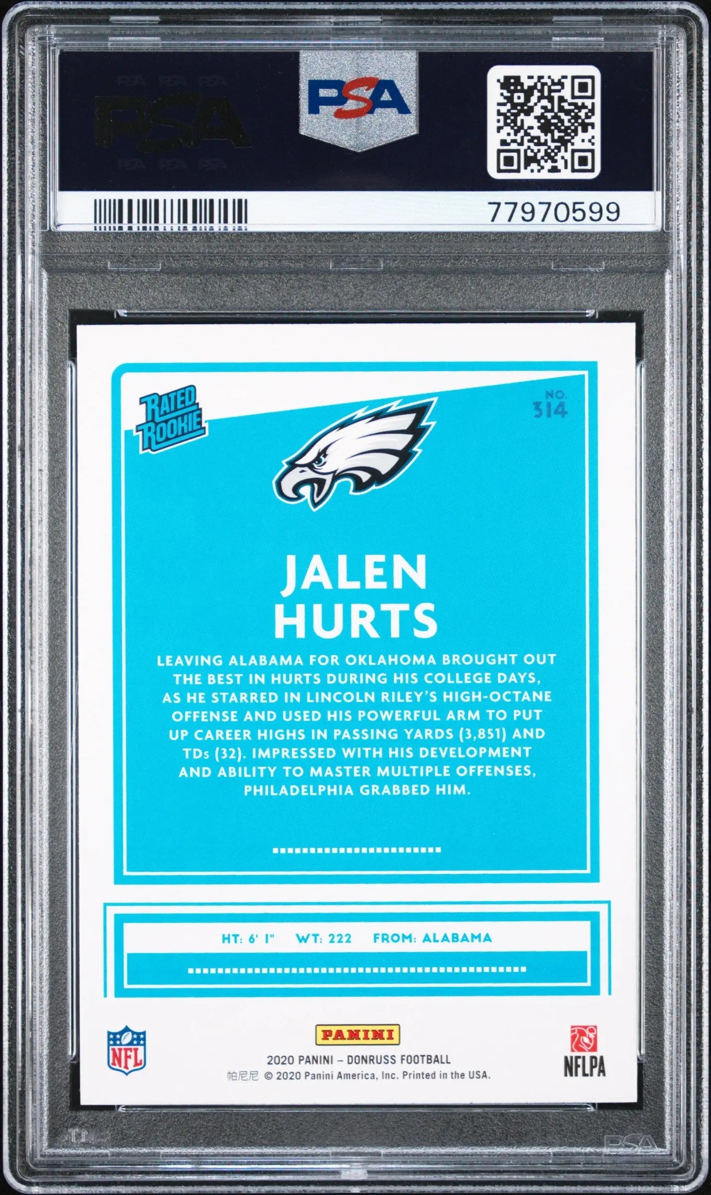 Jalen Hurts #314 Yellow Press Proof PSA 10 2020 Panini Donruss Rated Rookie RC 
