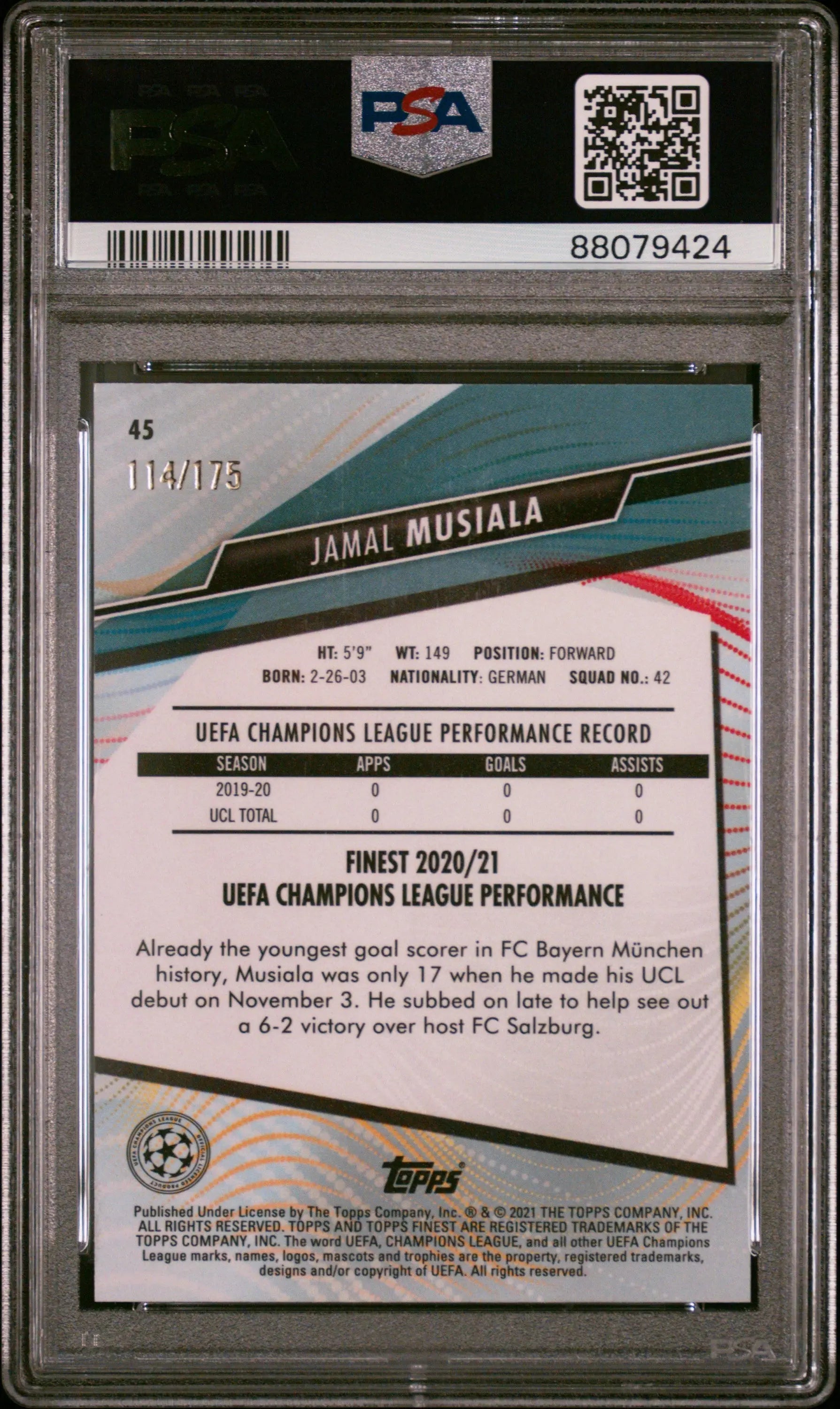 Jamal Musiala Speckle Refractor PSA 10 2020-21 Topps Finest UEFA UCL RC Rookie 