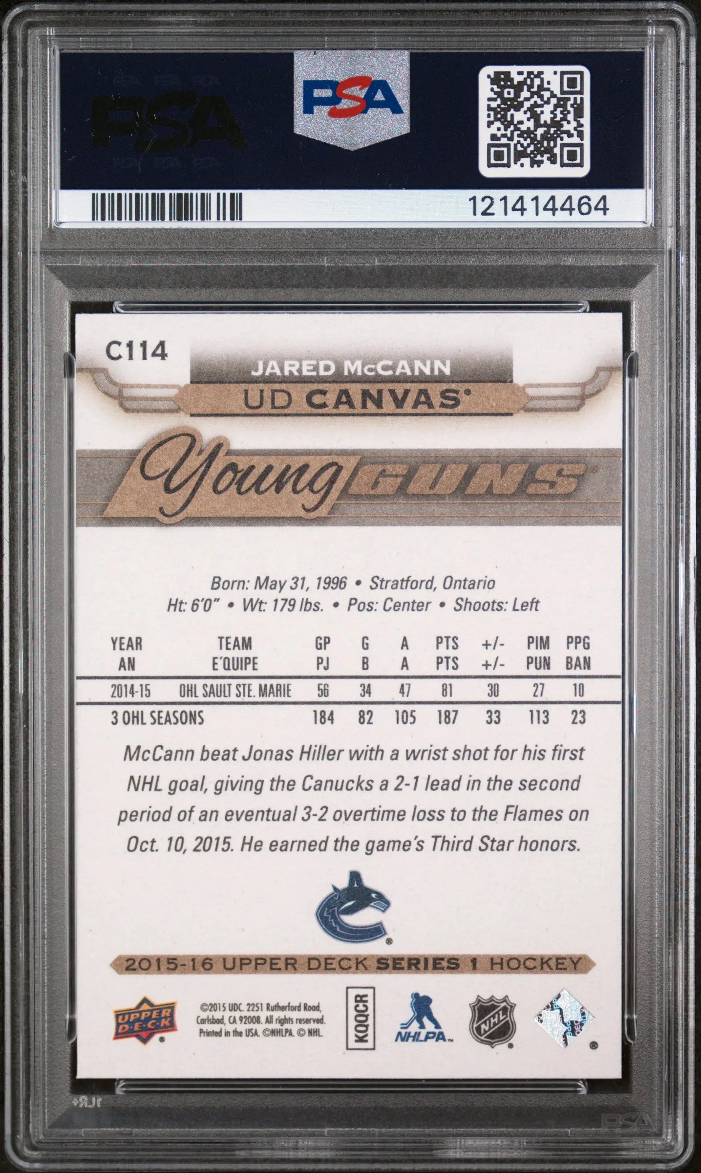 Jared McCann UD Canvas Young Guns RC PSA 10 Rookie 2015-16 15-16 Upper Deck 