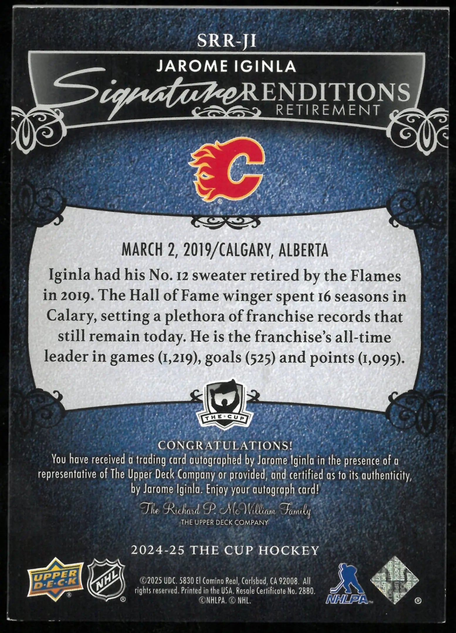 Jarome Iginla Auto Signature Renditions SP The Cup UD 2024-25 