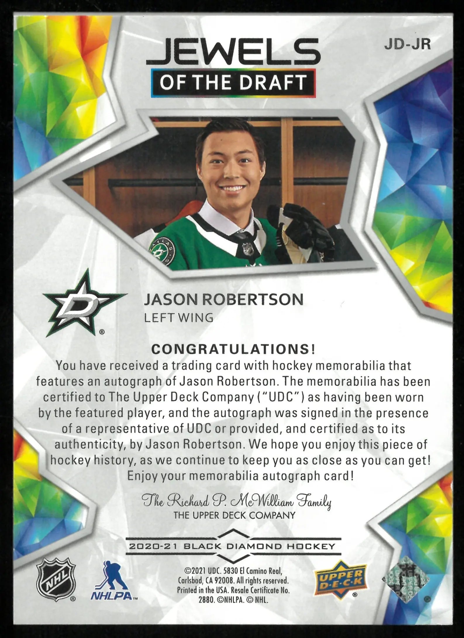 Jason Robertson Jewels of the Draft Patch Auto /99 2020-21 RC Rookie 