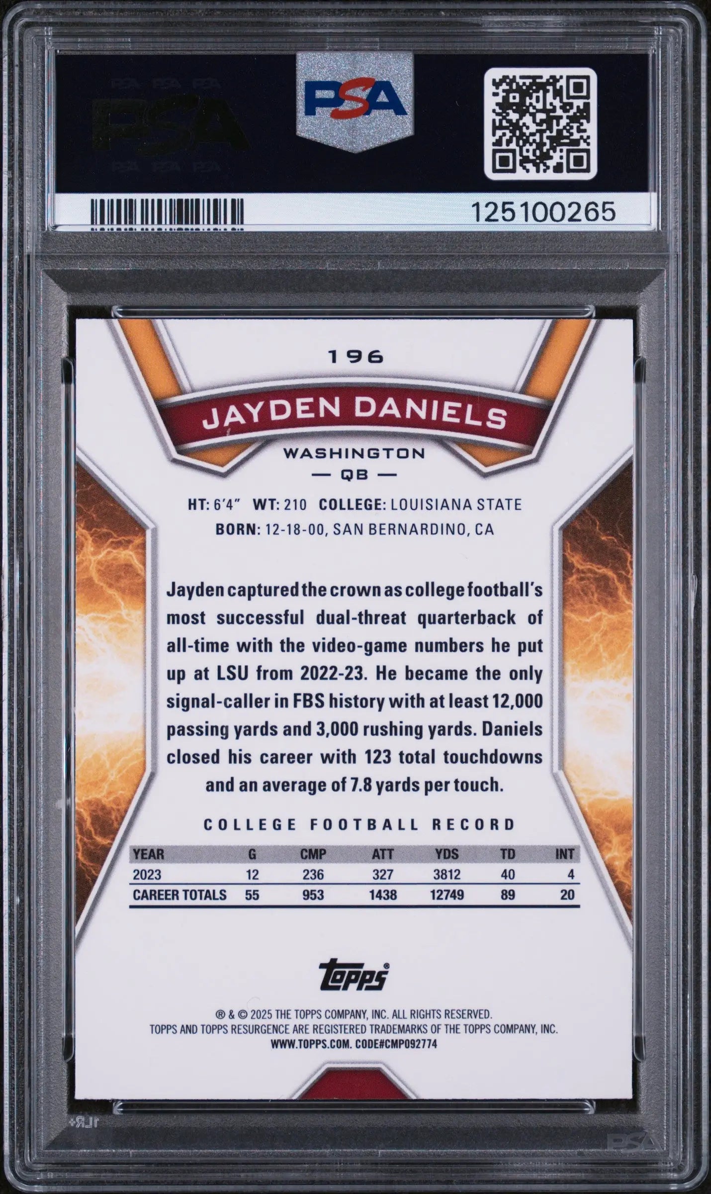 Jayden Daniels PSA 10 Yellow Surge RC Rookie /225 2024 Topps Resurgence 
