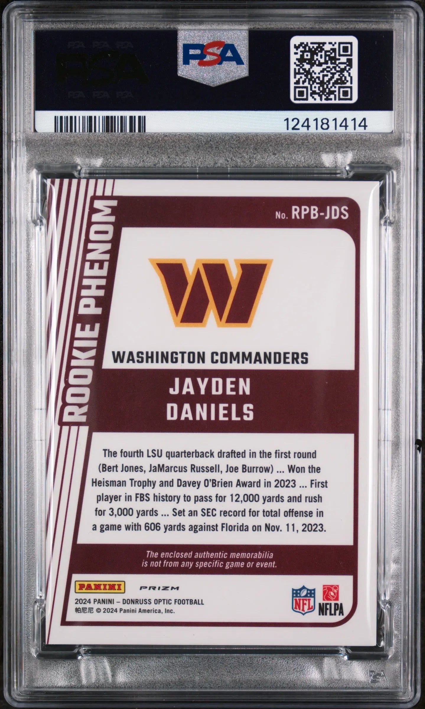 Jayden Daniels RC Rookie PSA 9 2024 Panini Donruss Optic Rookie Phenoms Jersey 