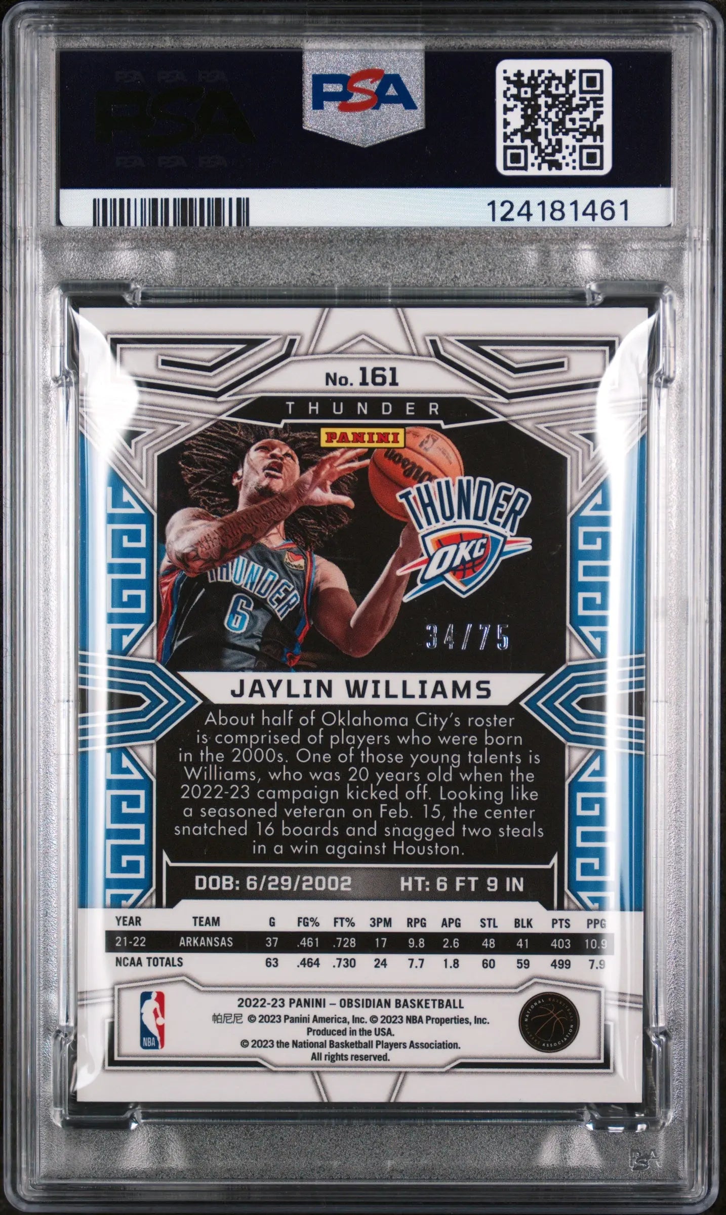 Jaylin Williams RC Rookie /75 Red Yellow Green Flood PSA 8 2022-23 Obsidian 