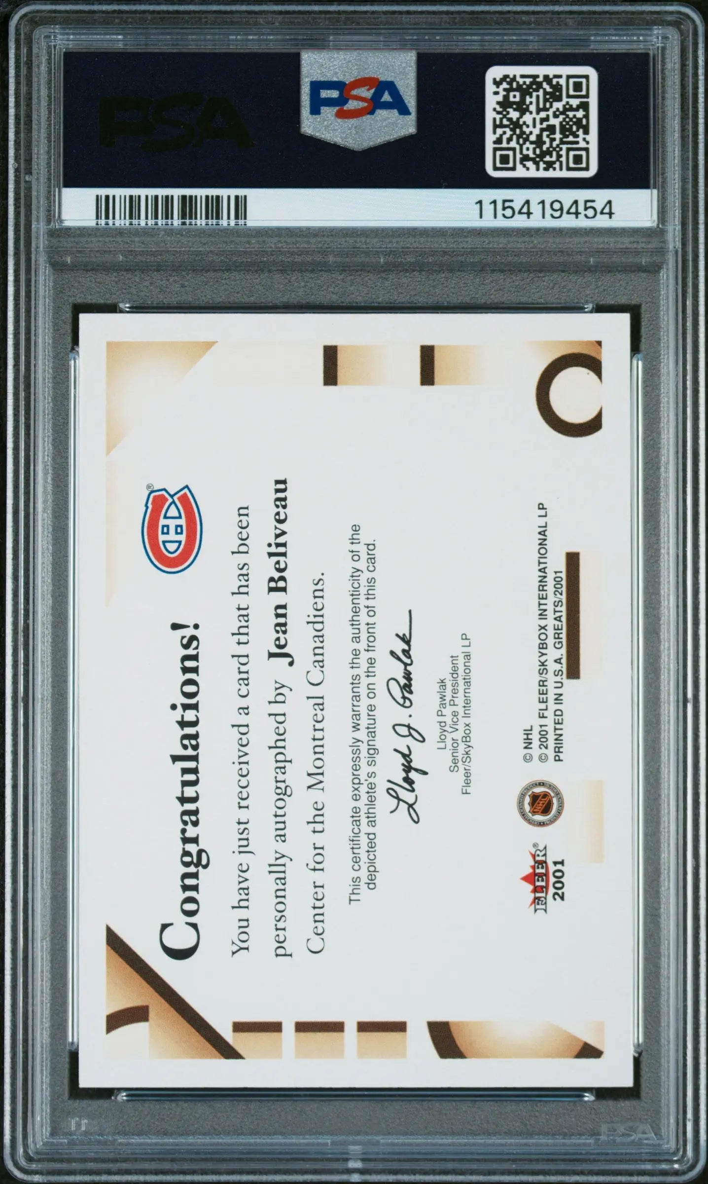 Jean Beliveau PSA 9 Autograph Pop 5 No 10 2001-02 Fleer Great of the Game 