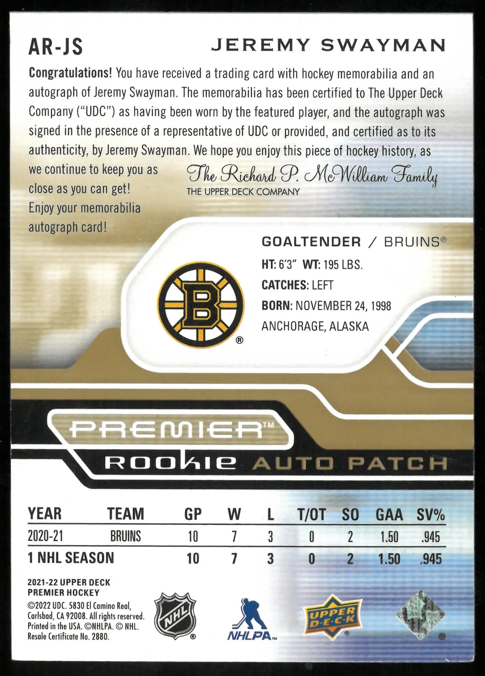 Jeremy Swayman /35 Premier Patch Auto RC Rookie 2021-22 UD 