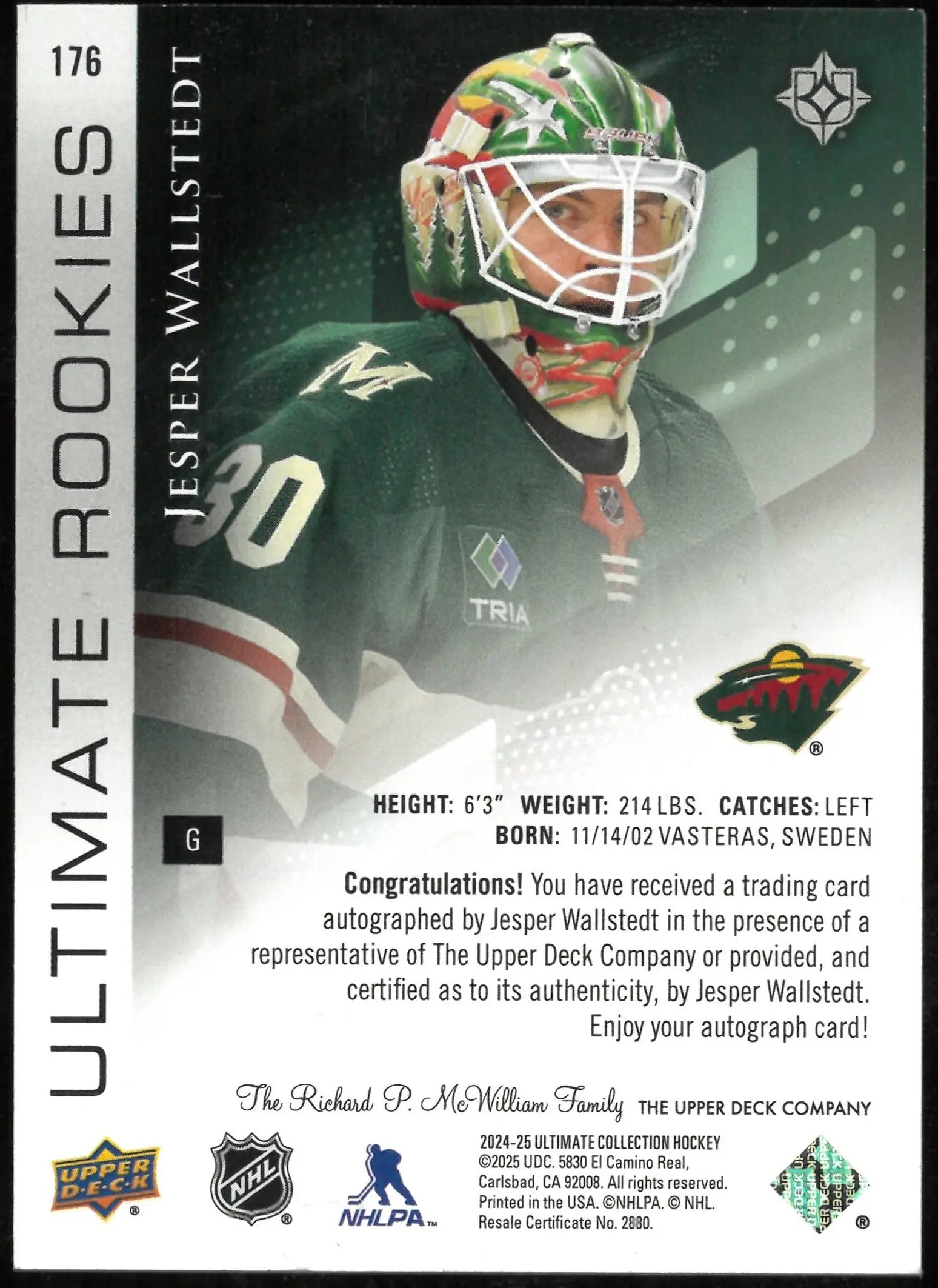 Jesper Wallstedt /299 Auto UD Ultimate RC Rookie 2024-25 